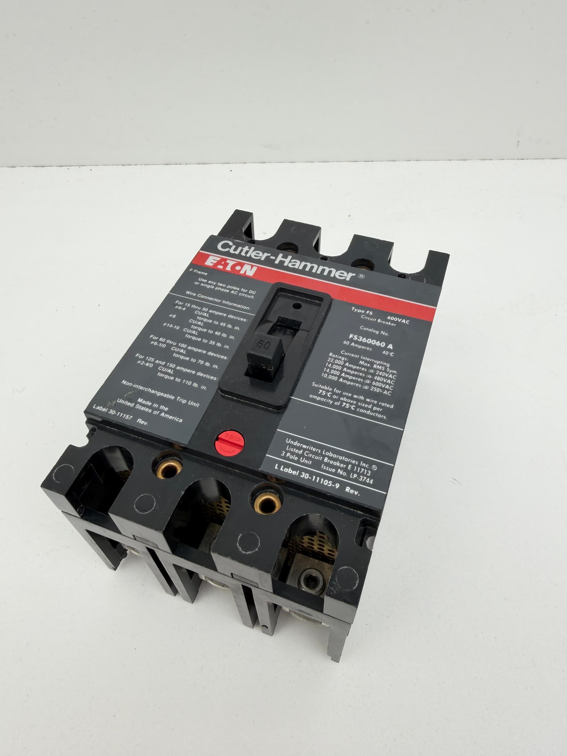 Eaton Cutler Hammer FS360060A Circuit Breaker, 60A, 3 Pole, 600V