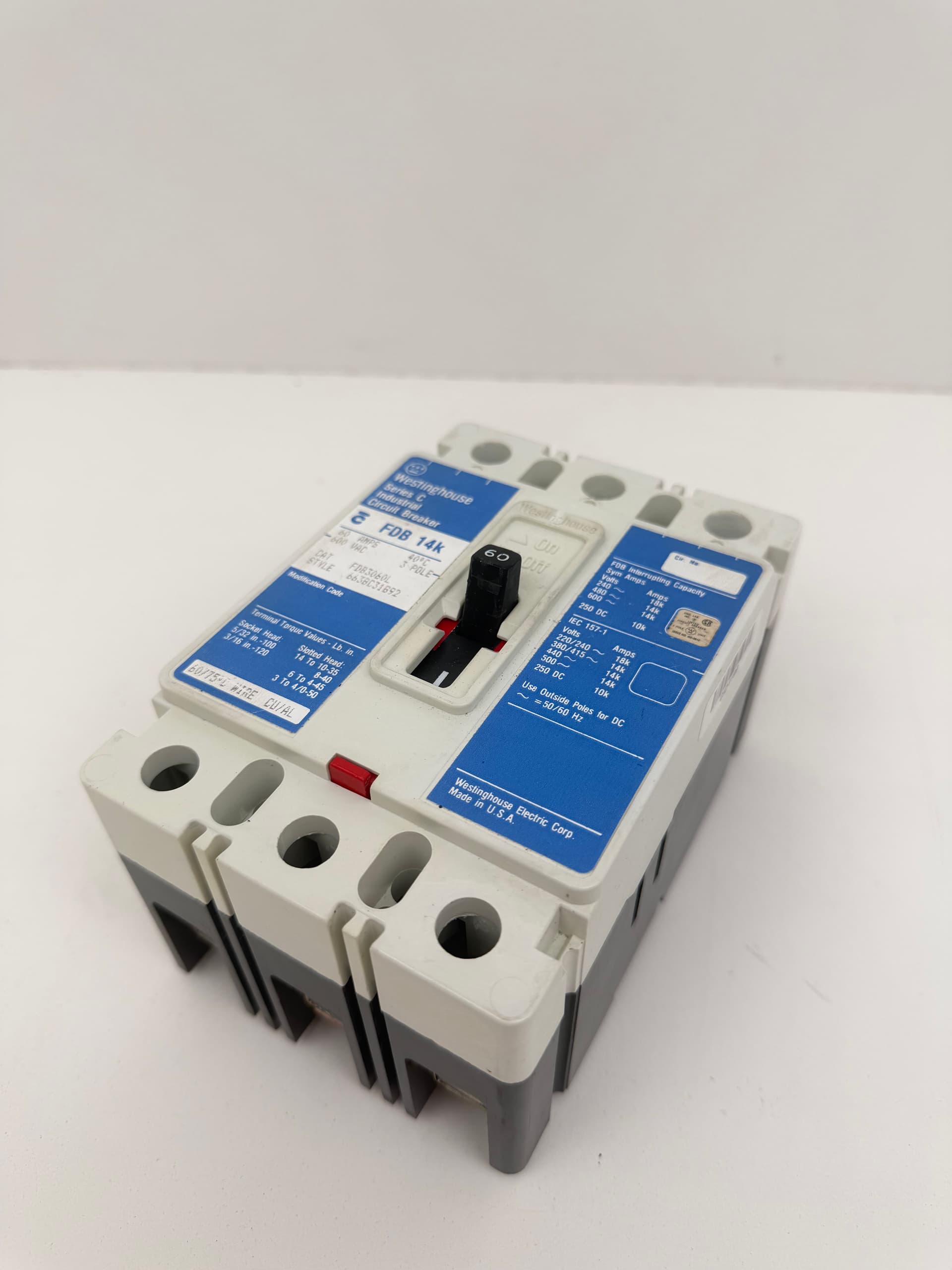 Westinghouse FDB3060L Style 663BC31G92 Circuit Breaker, 60A, 3P, 600VAC, FDB14K
