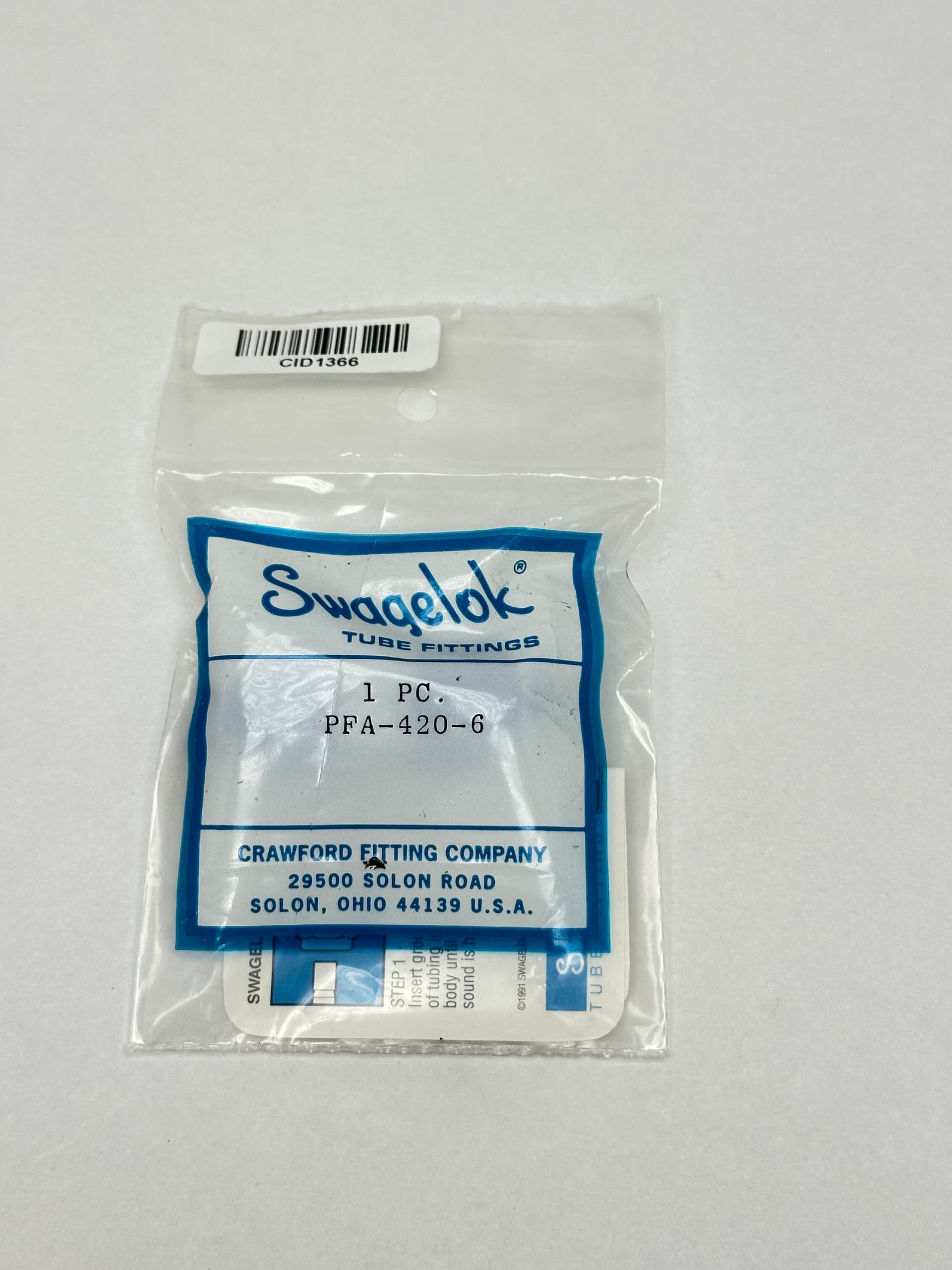 Swagelok PFA-420-6 PFA Swagelok Tube Fitting, Union, 1/4 in. Tube Fitting