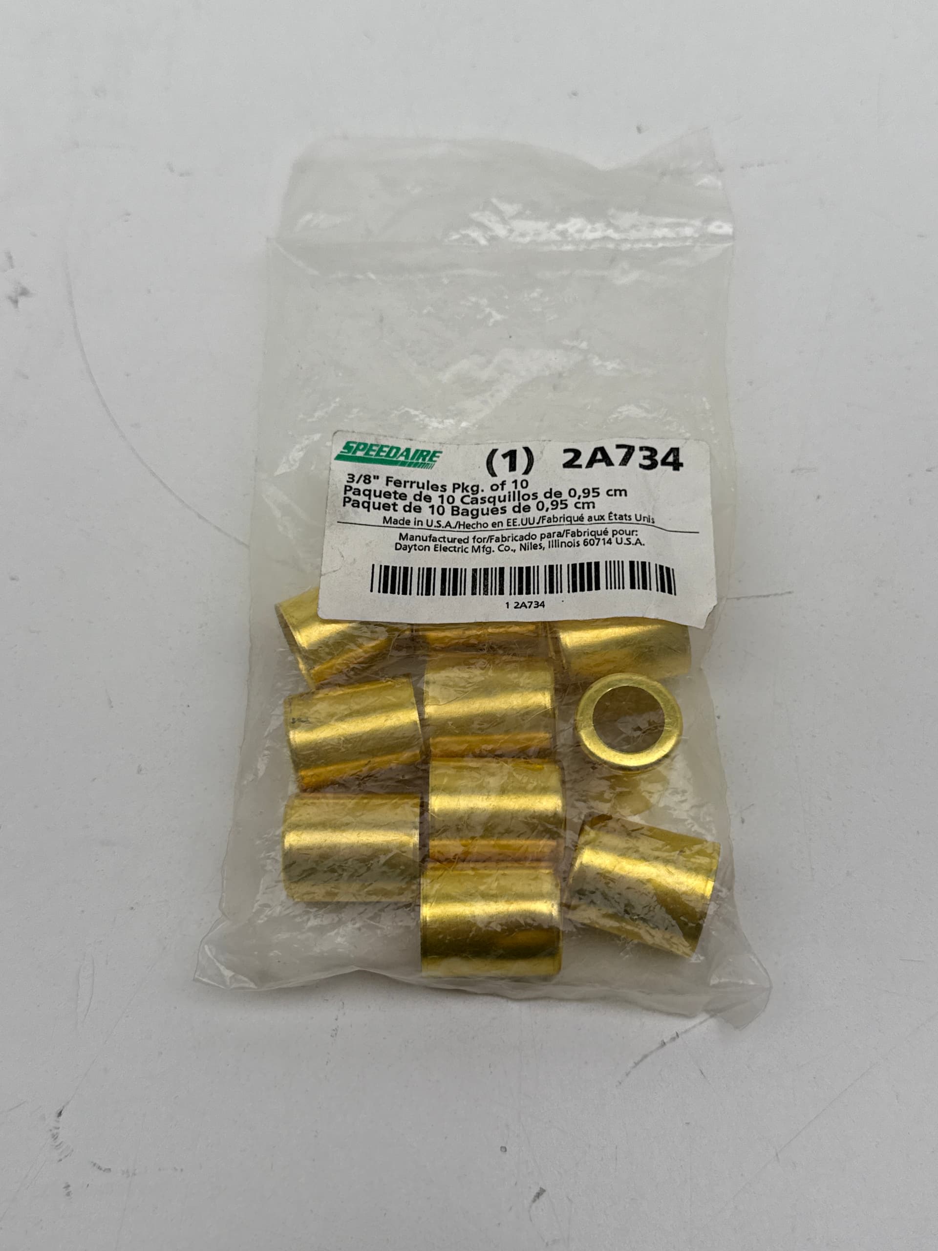 Speedaire 2A734 Hose Ferrules, Brass, 3/8 in Barb, PK10
