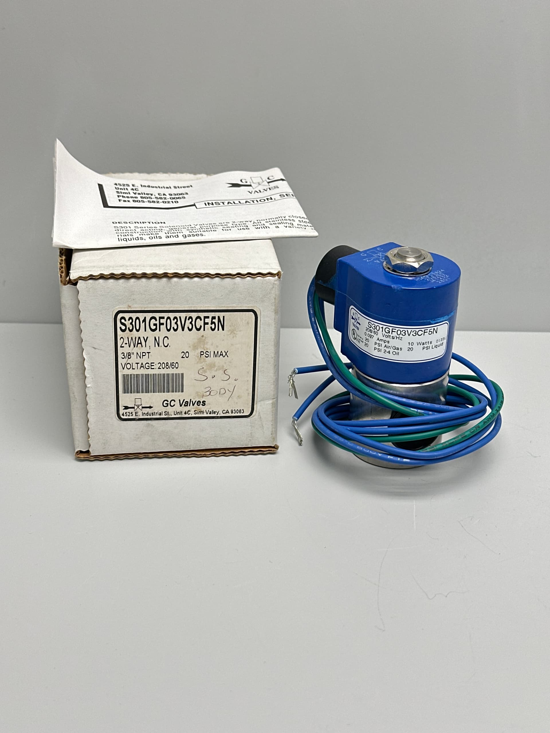 GC Valves S301GF03V3CF5N Solenoid Valve, 2-Way NC, SS, 3/8 NPT, 208 V / 60 Hz