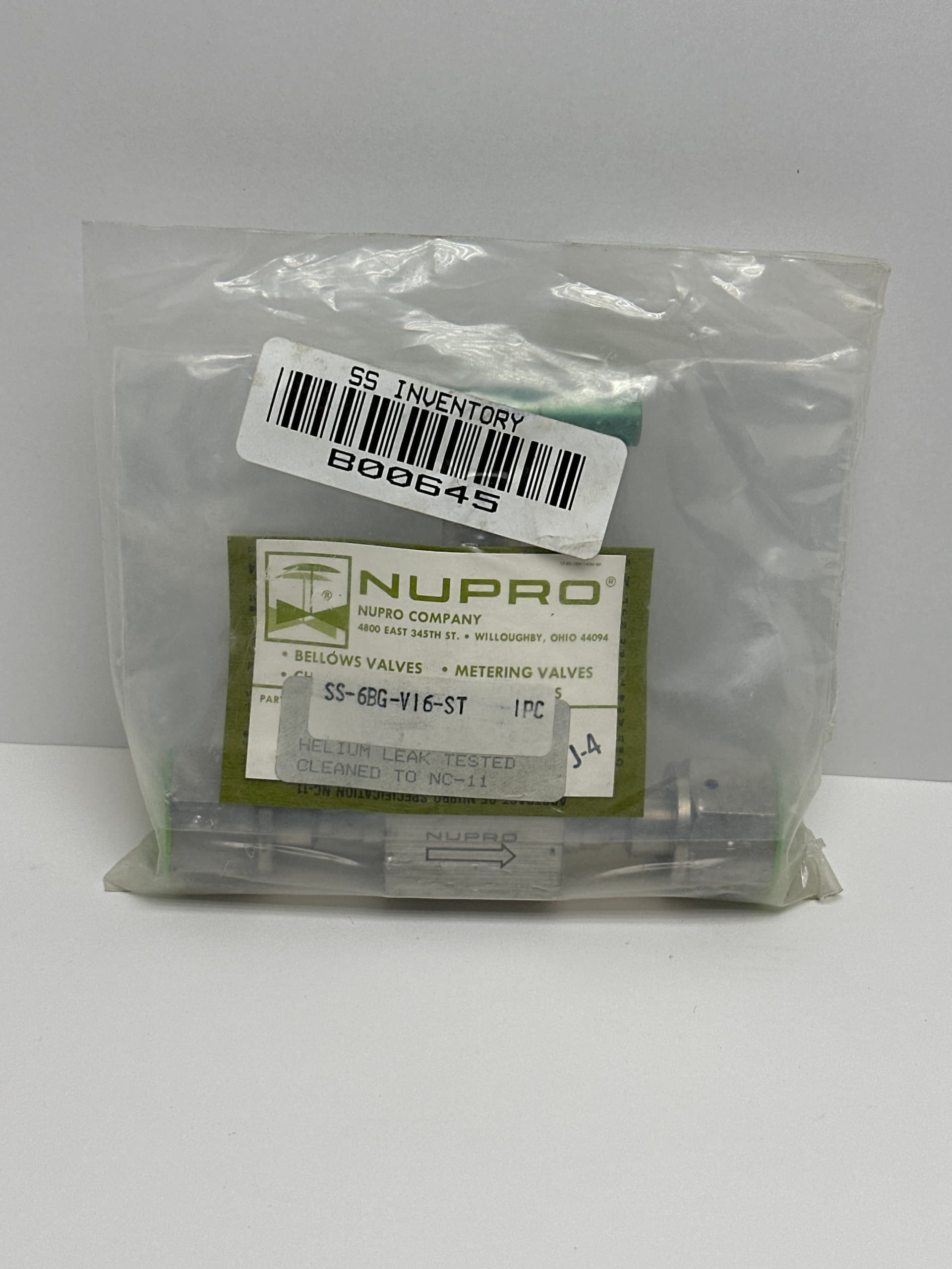 Nupro SS-6BG-V16-ST Bellows-Sealed Valve, B Series, NC-11, Helium Leak Tested