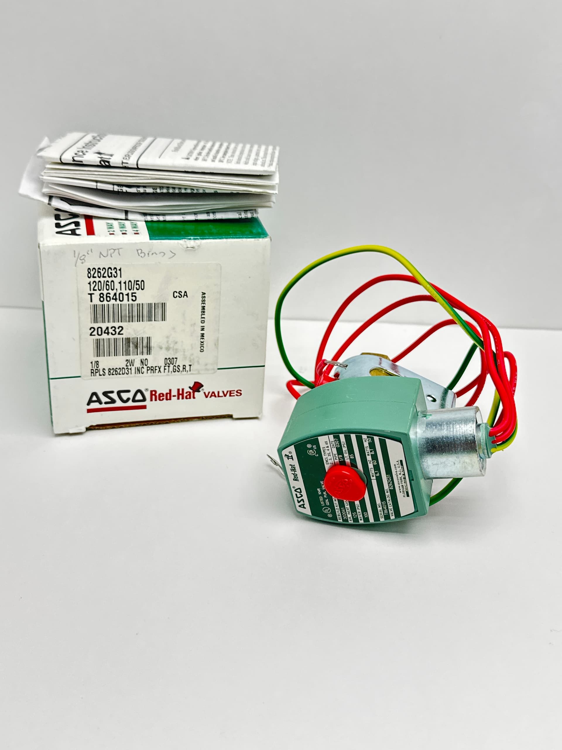 ASCO 8262G31 Solenoid Valve, Red-Hat II, 1/8 NPT, 120/60, 110/50 FT Coil, Brass