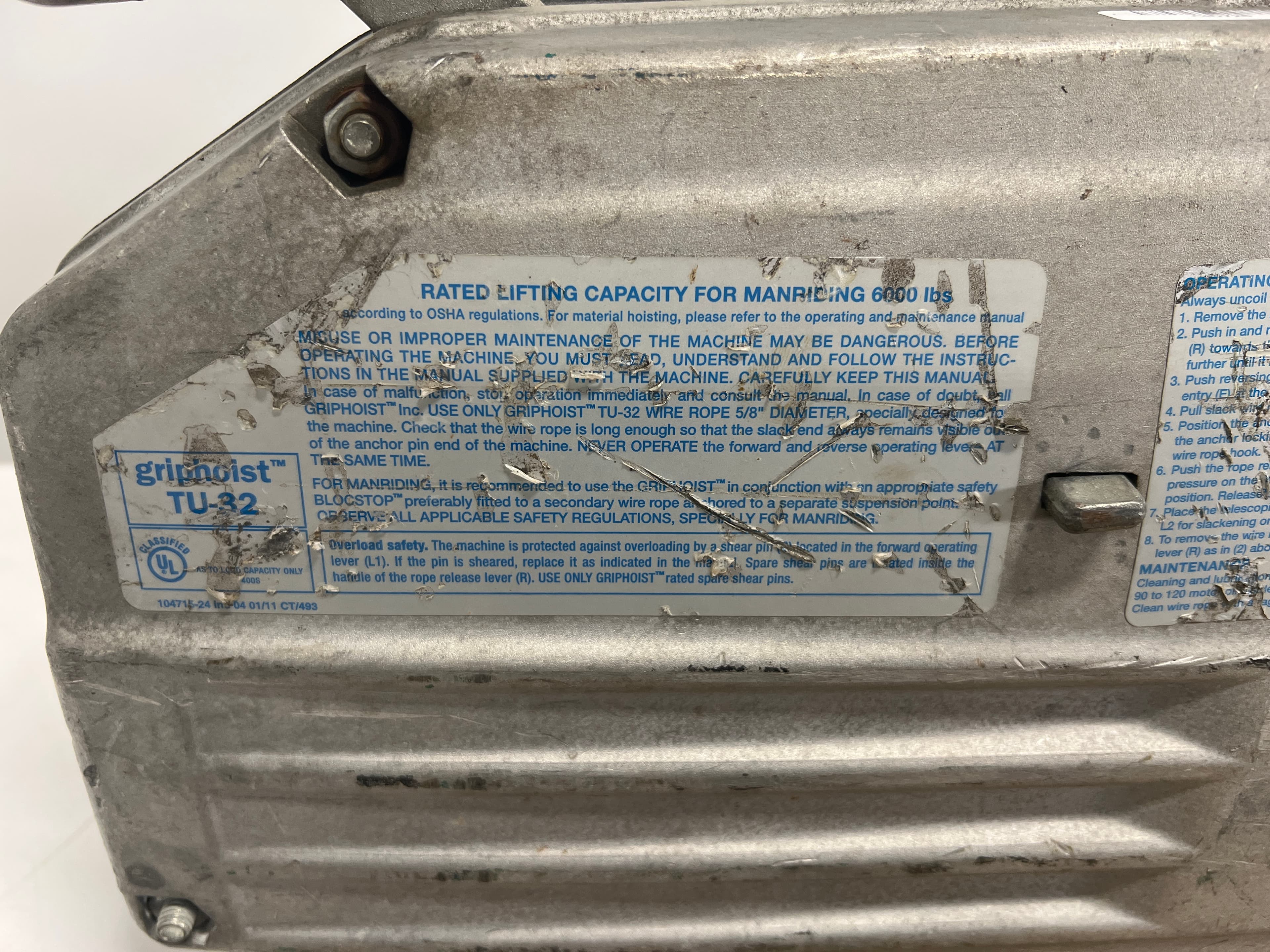 Tractel TU32 Griphoist Tirfor Wire Rope Hoist - 8000lb Capacity