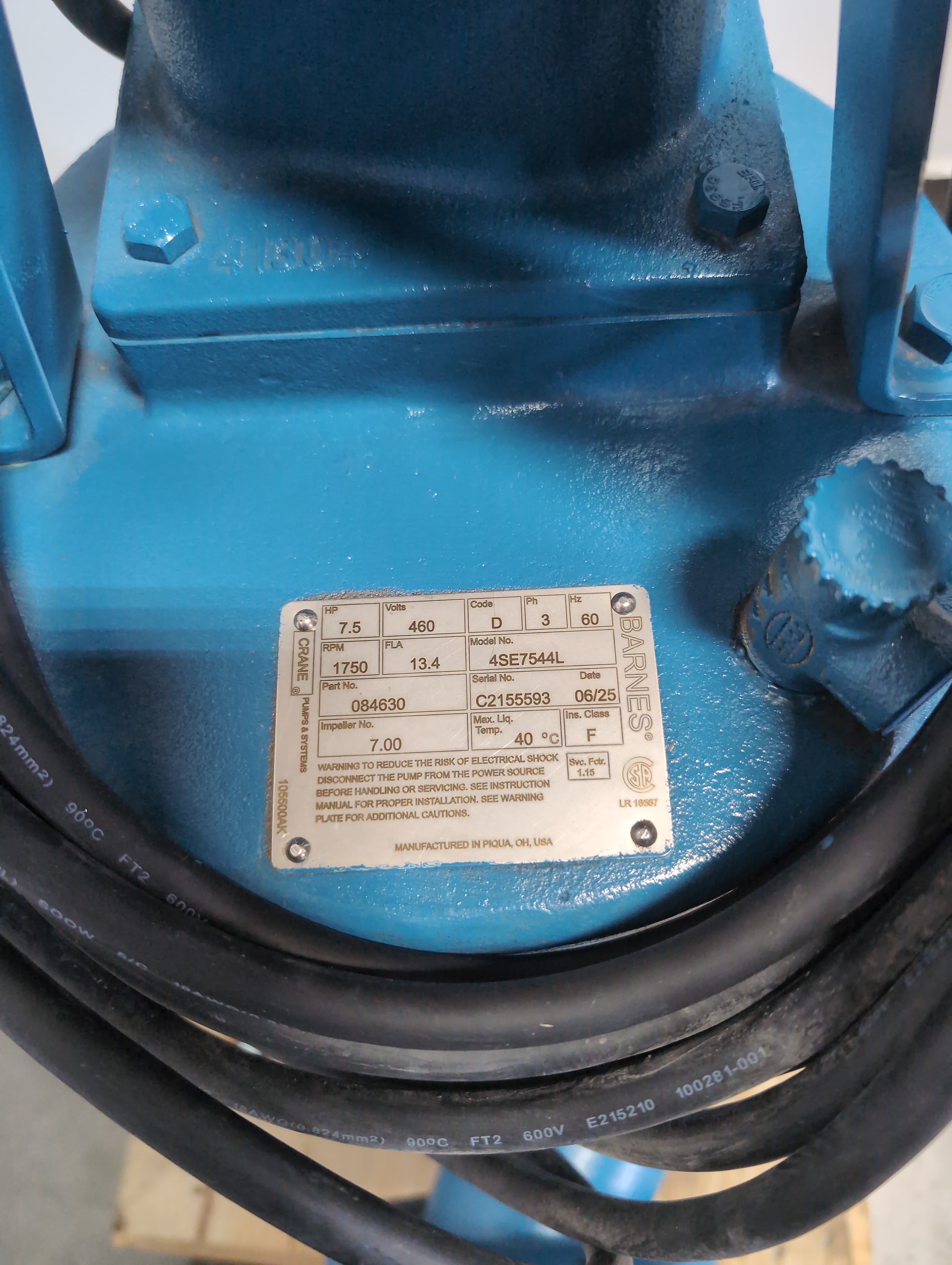 Barnes 4SE7544L Submersible Sewage Pump, 7.5HP, 1750 RPM, 7" Impeller, 460 Volt,