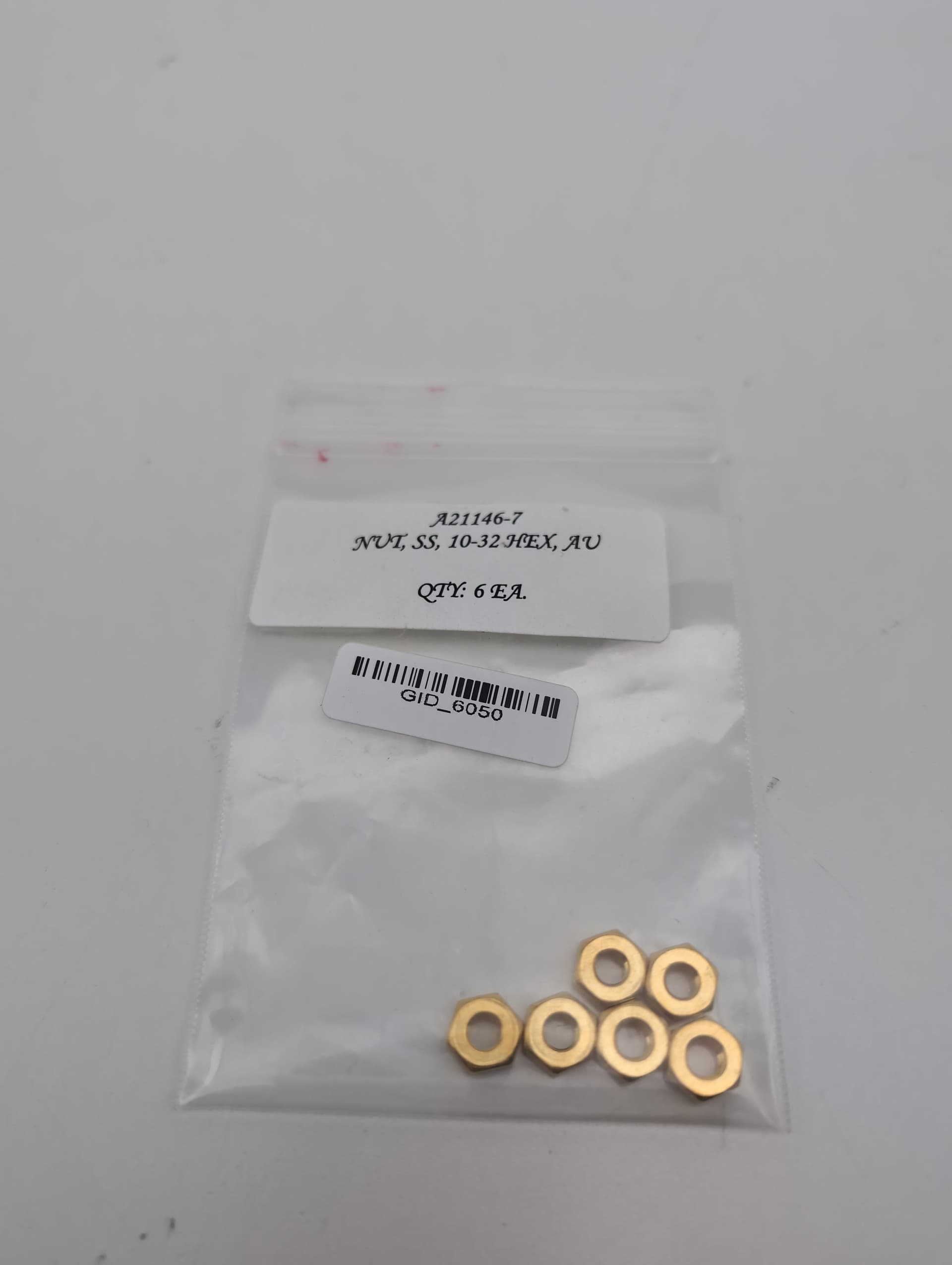 Intlvac N1032Au (A21146-7) Hex Nut #10-32, Gold Plated, For Ion Source