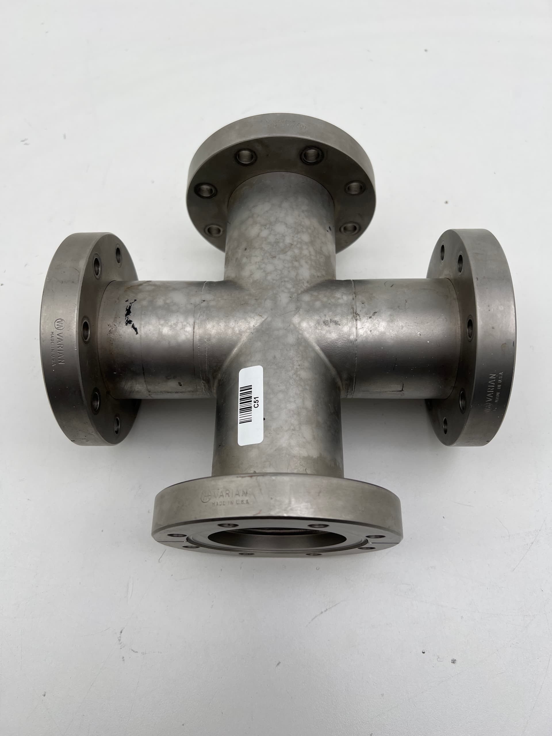 Varian DN63CF 4.50" OD UHV Vacuum 304SS, 4-Way Cross, 2.5" Tube OD.