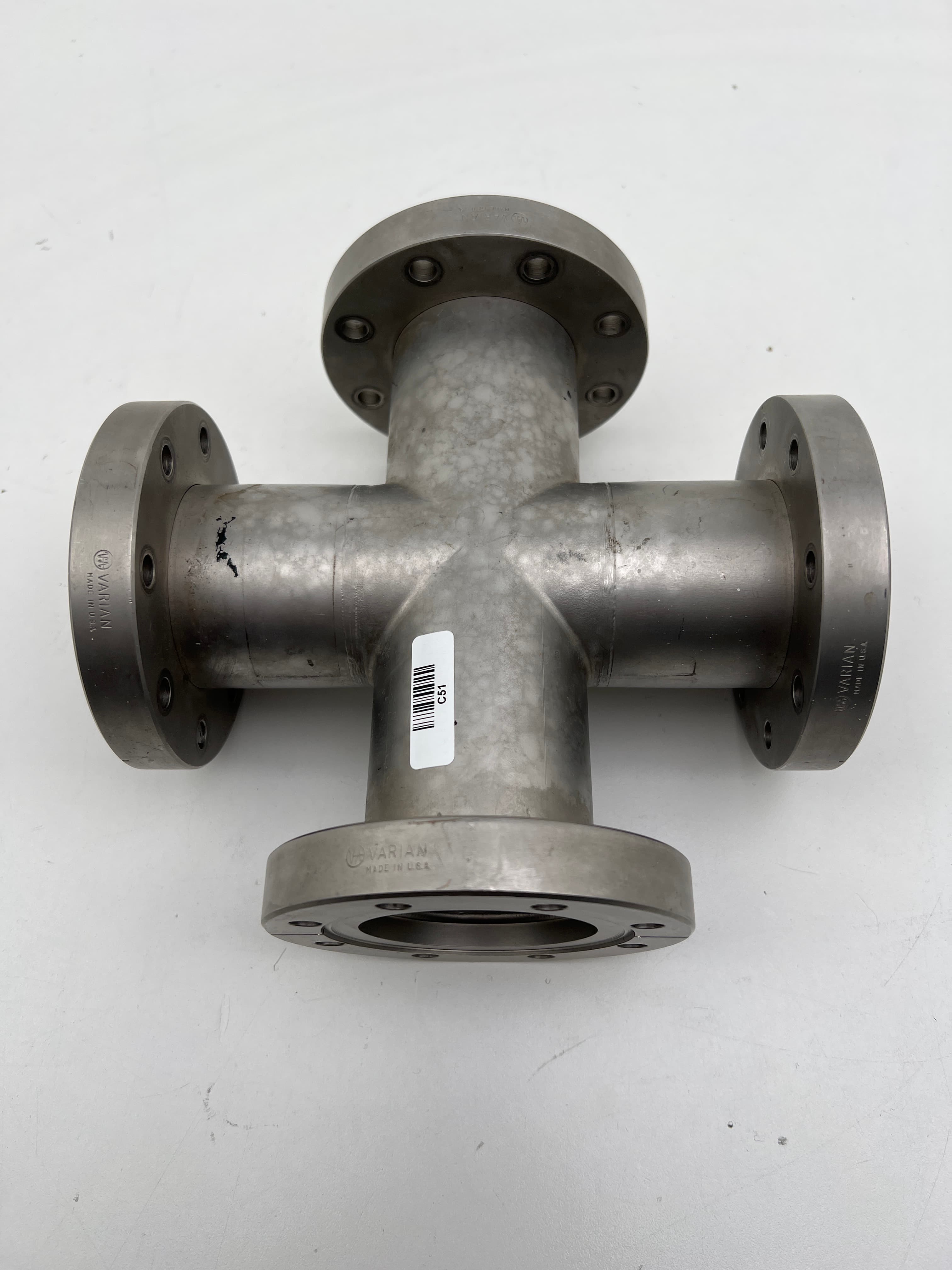 Varian DN63CF 4.50" OD UHV Vacuum 304SS, 4-Way Cross, 2.5" Tube OD.