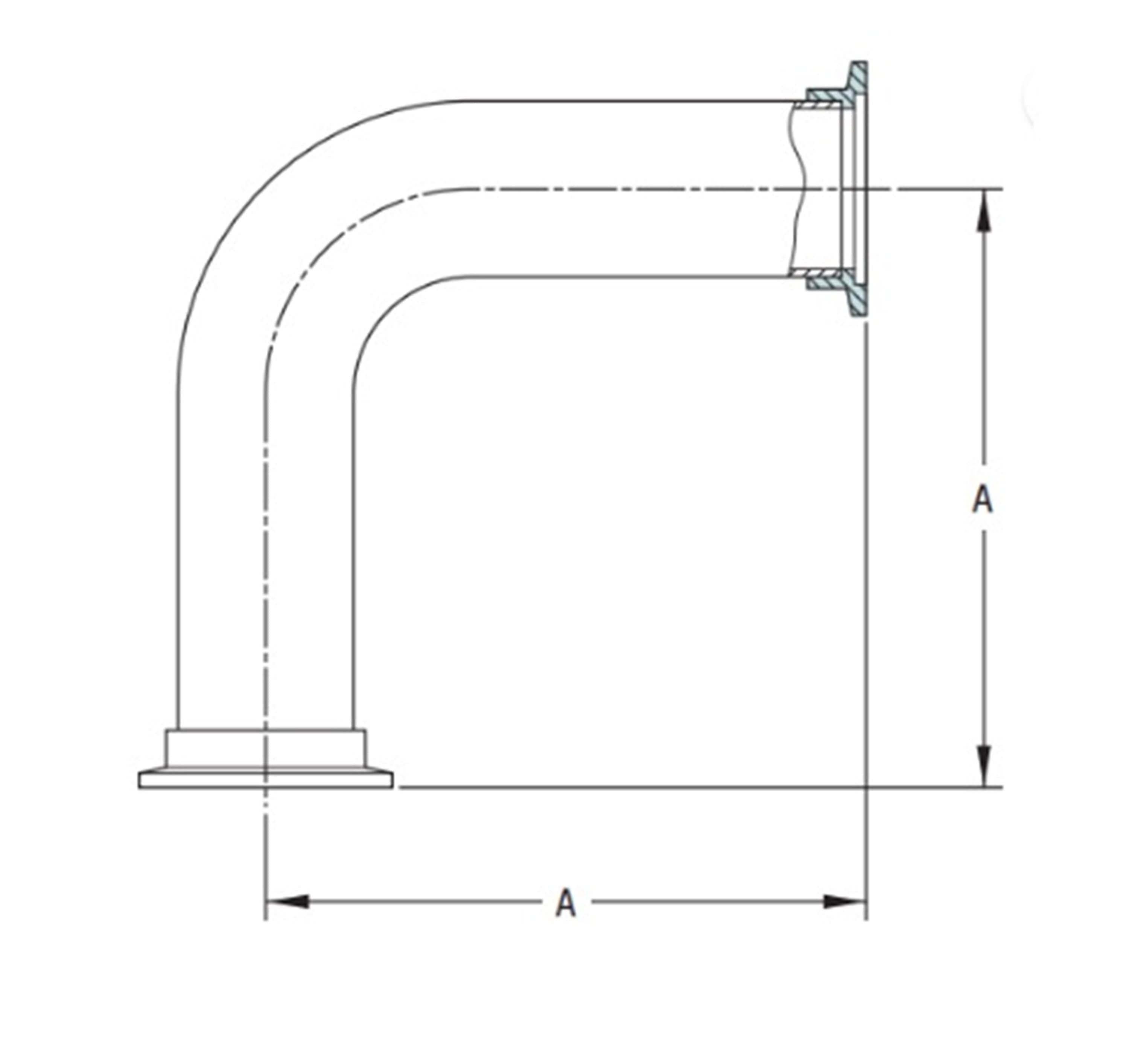 ISO100-K 5.12" OD Vacuum Elbow, 90 Degree Long Radius 304SS, Dimension A is 8.56