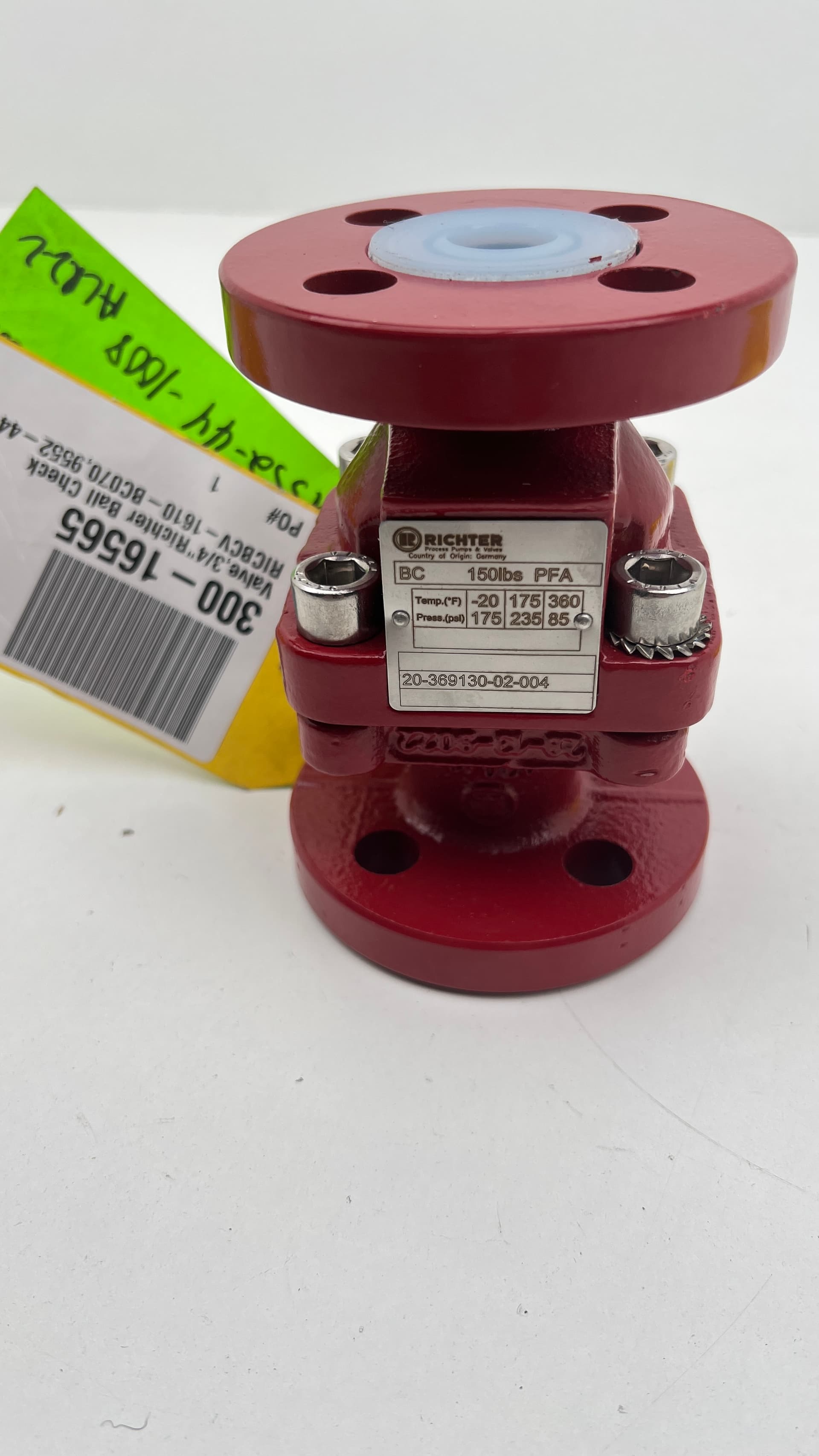 Richter 20-369130-02-004 3/4" PFA Lined Solid PTFE Ball Check Valve