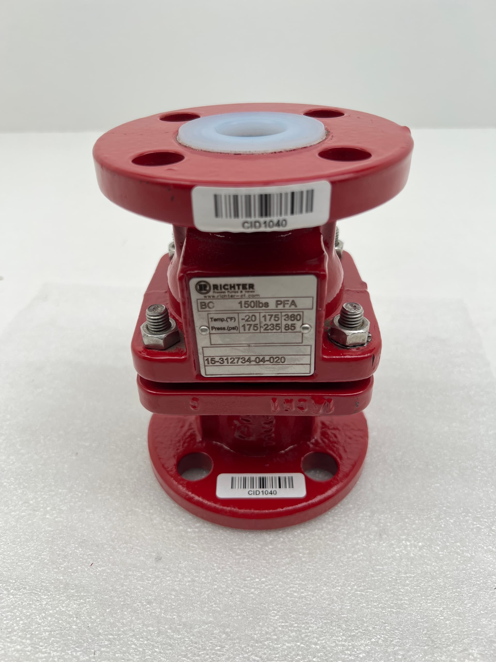 Richter 15-312734-04-020 1" PFA Lined Solid PTFE Ball Check Valve