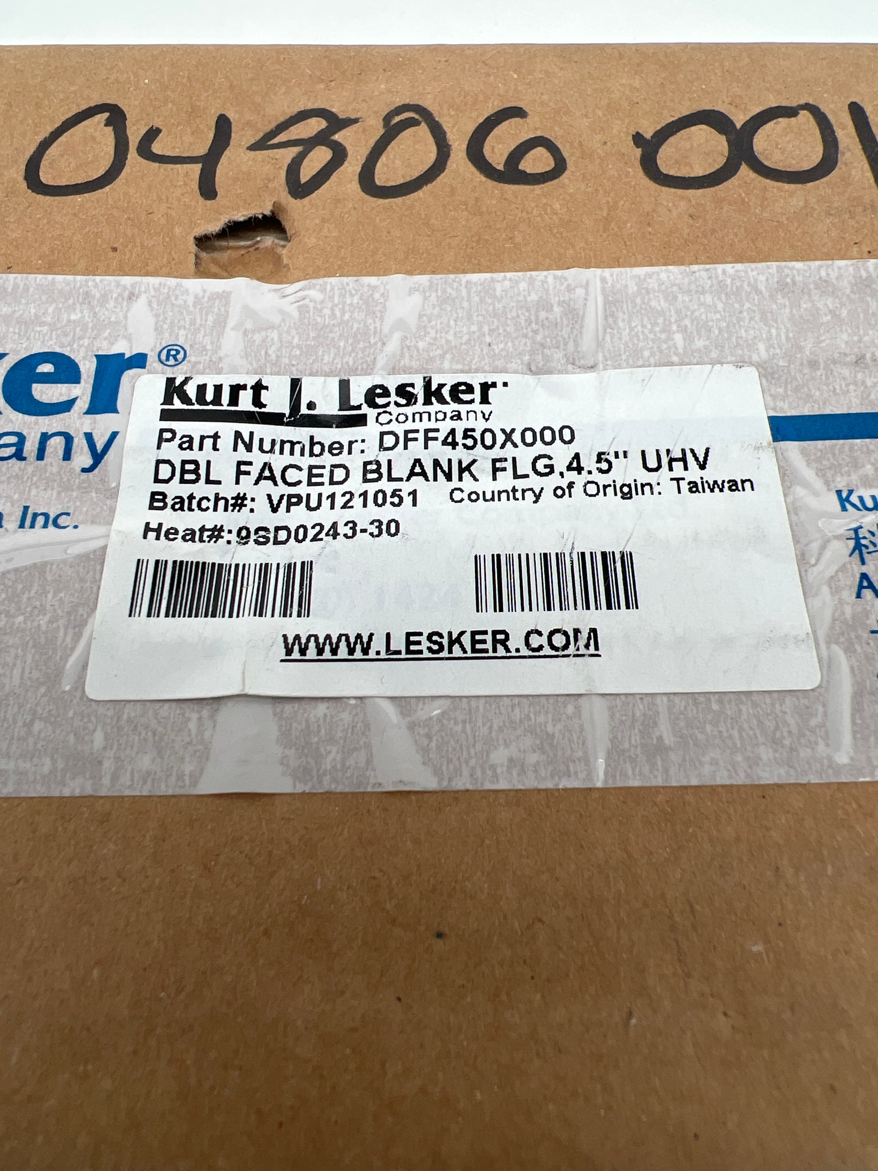 Kurt J Lesker DFF450X000 DN63 4.5" ConFlat Double Face Blank, 304SS