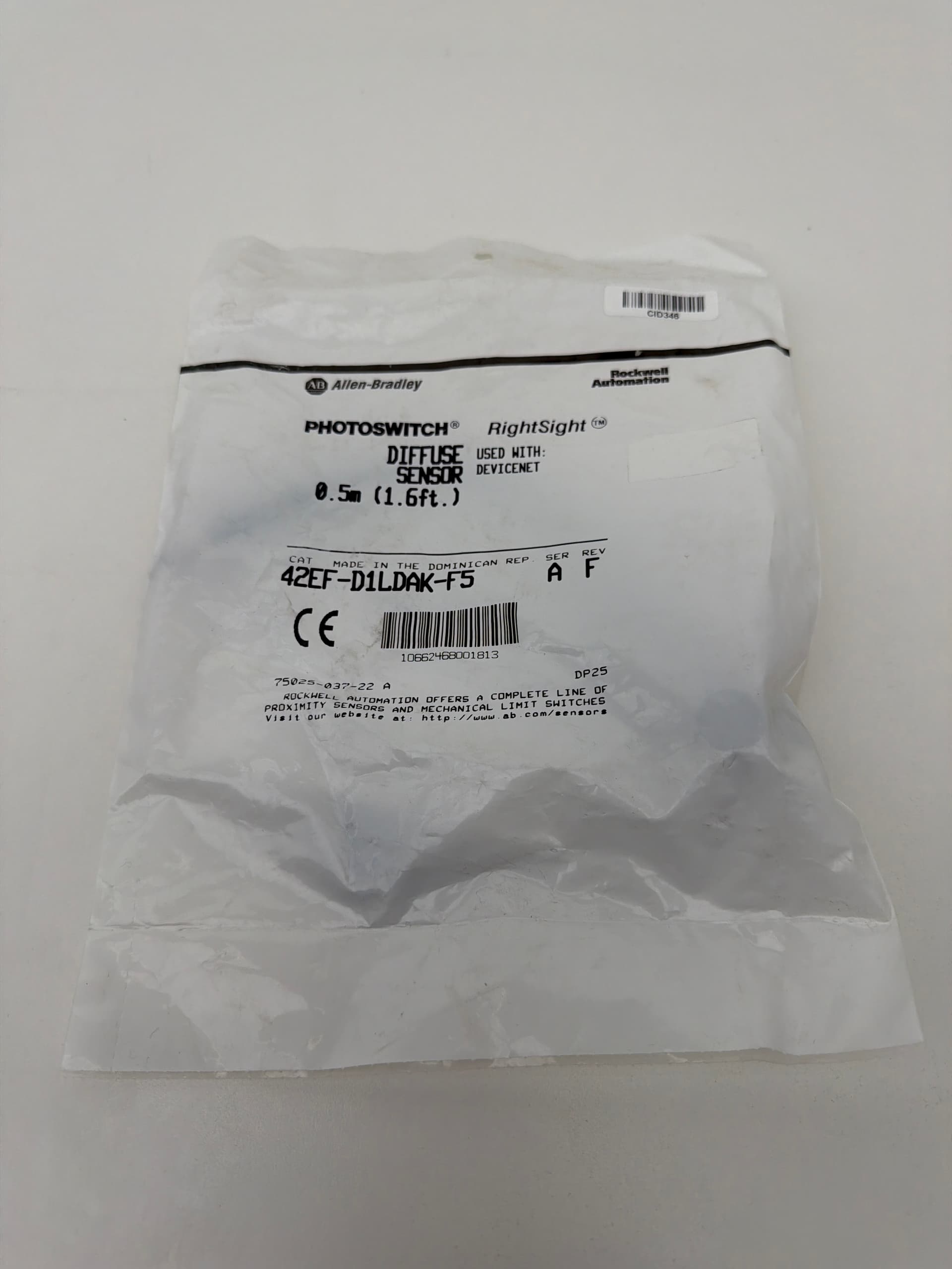 Allen-Bradley 42EF-D1LDAK-F5 RightSight Photoswitch Diffuse Sensor Ser A Rev F
