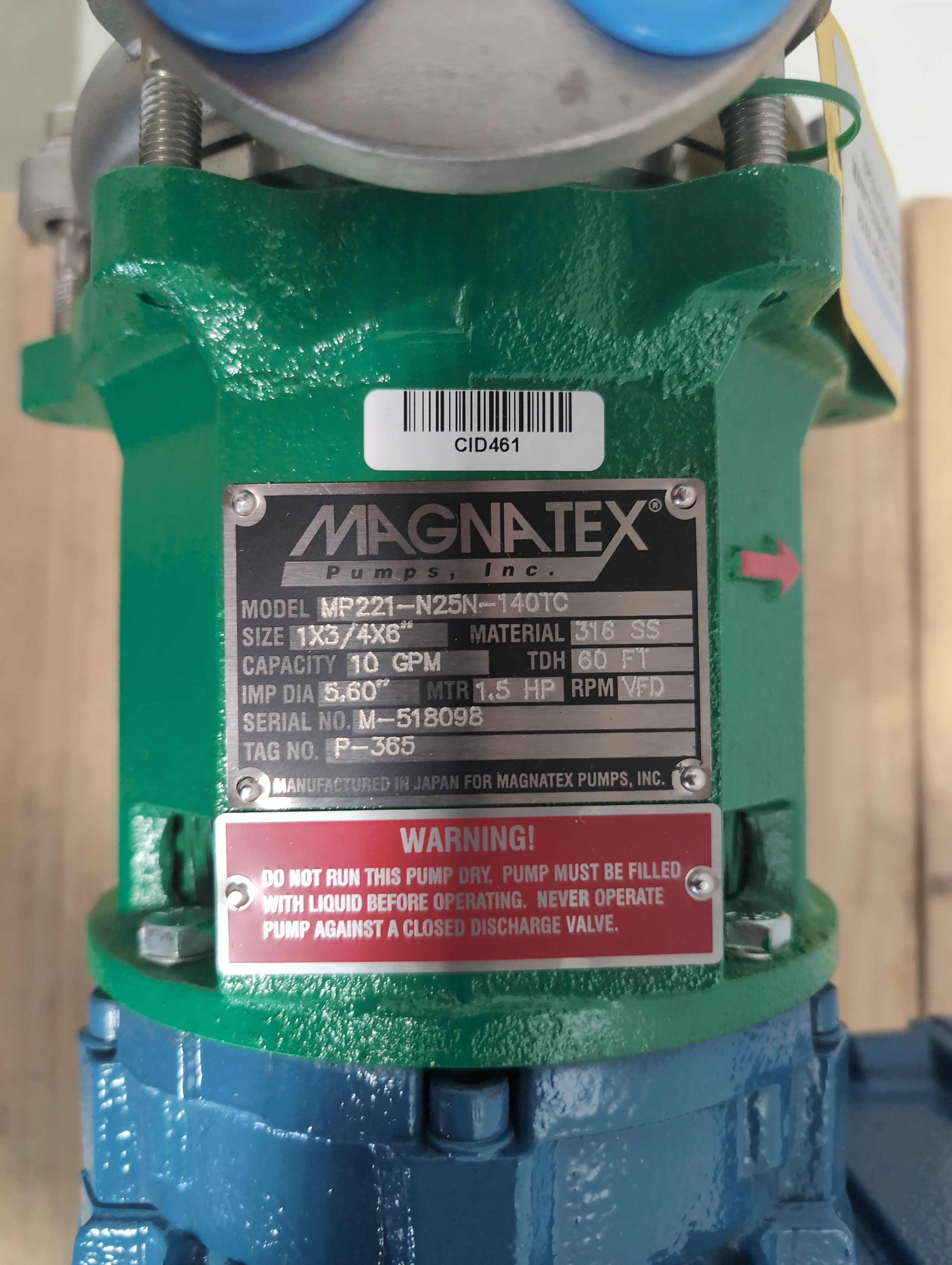 Magnatex Pumps, Inc. MP221-N25N-140TC Magnetic Drive Pump, 316SS,10GPM,TDH 60Ft.
