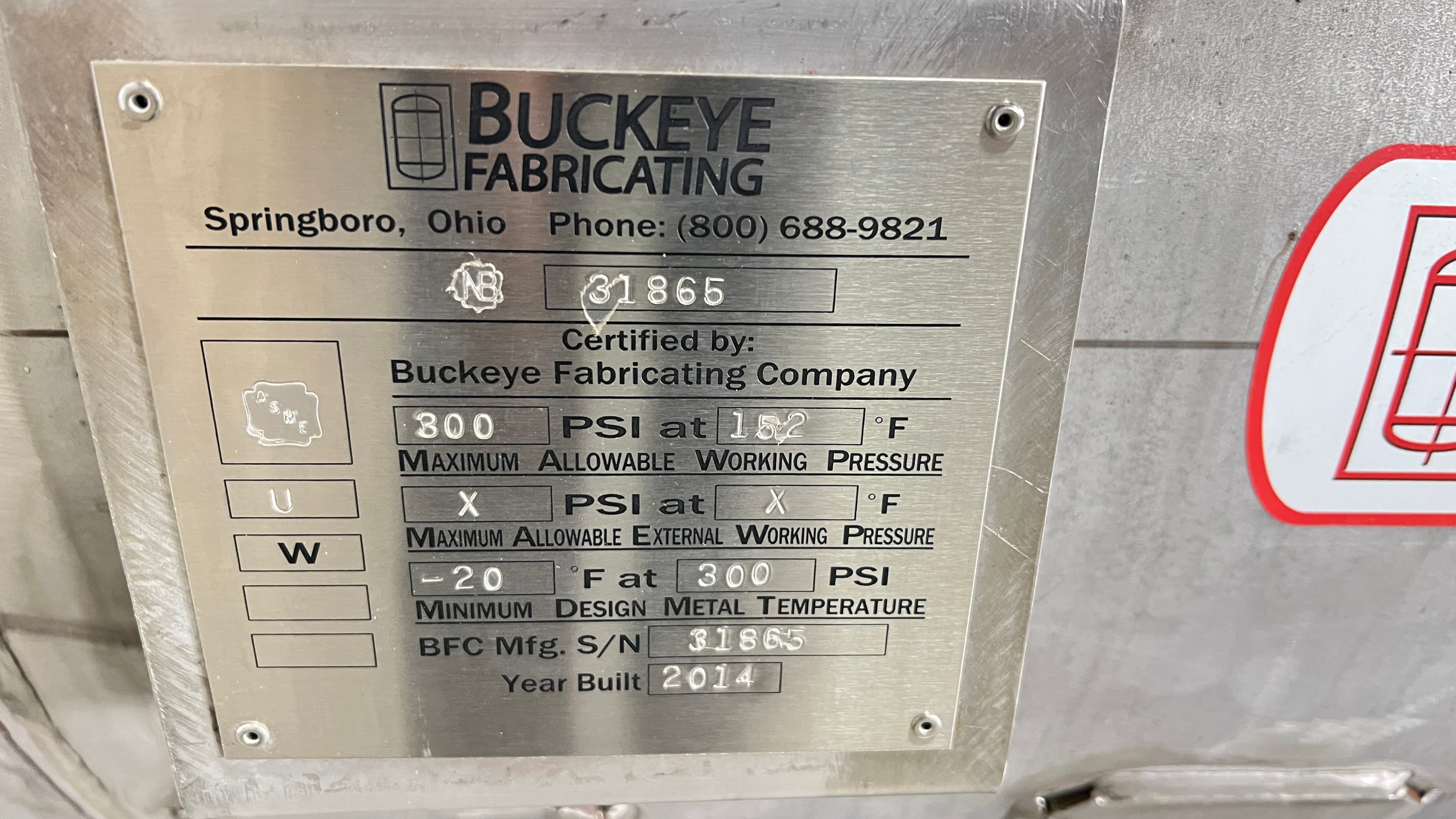 Buckeye Fabricating NB 31865 Approx. 112 Gallon 304 SS Tank, 300 PSI Max.