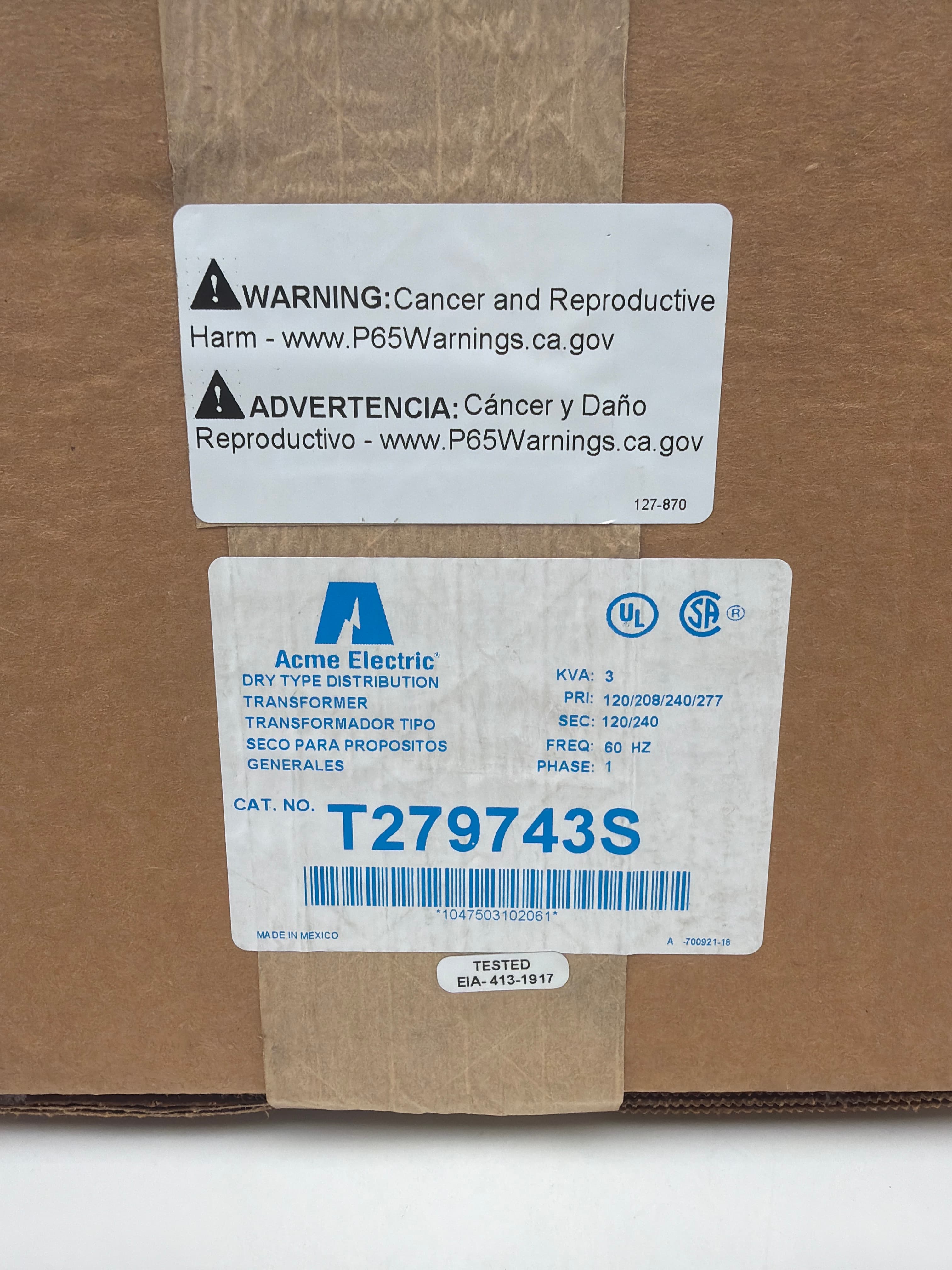 Acme Electric T279743S Transformer 3KVA PRI:120/208/240/277 SEC:120/240 60Hz 1PH