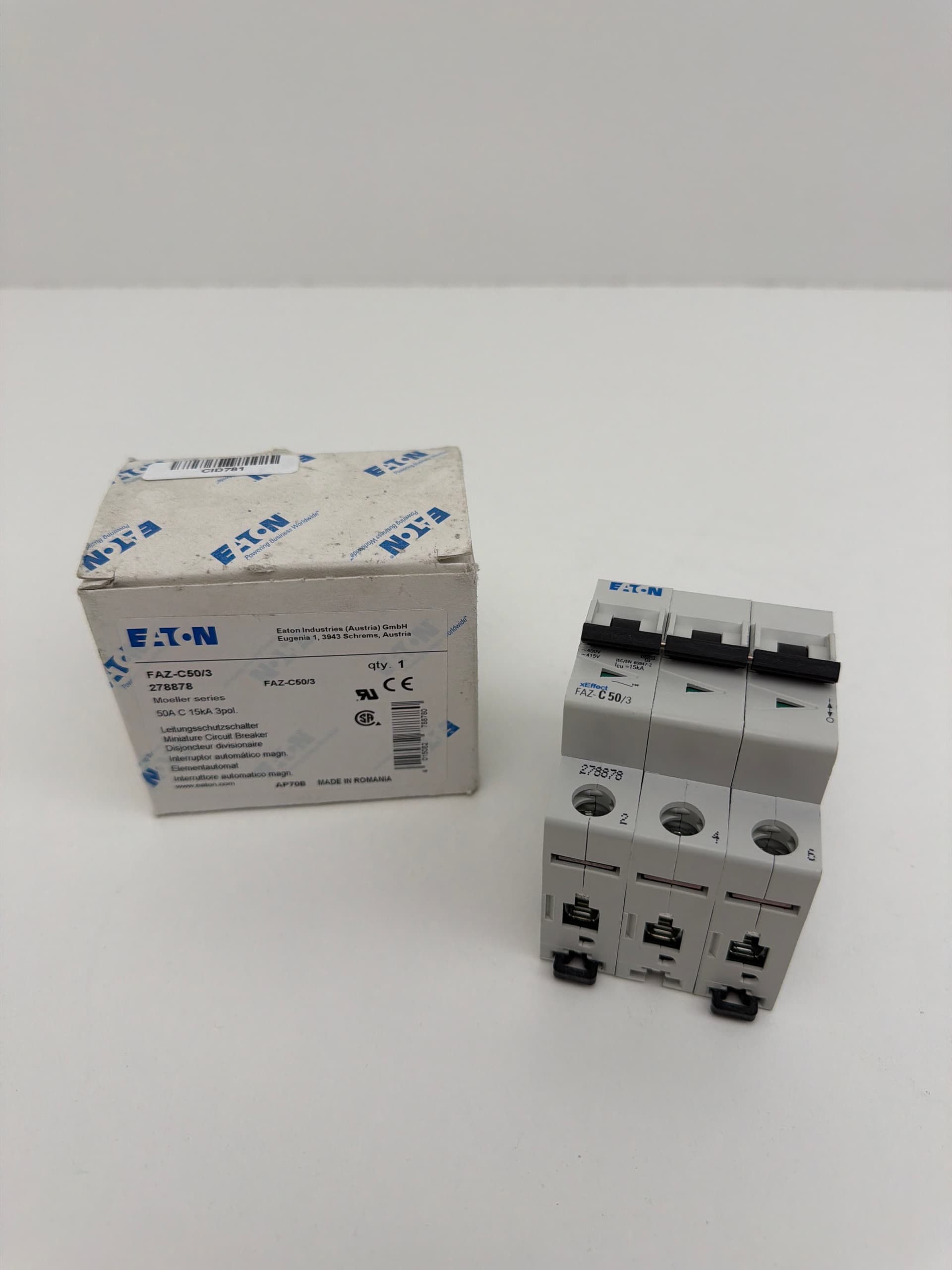 Eaton Moeller FAZ-C50/3 278878 Circuit Breaker, 50A, 15kA, 3 Pole, C-curve