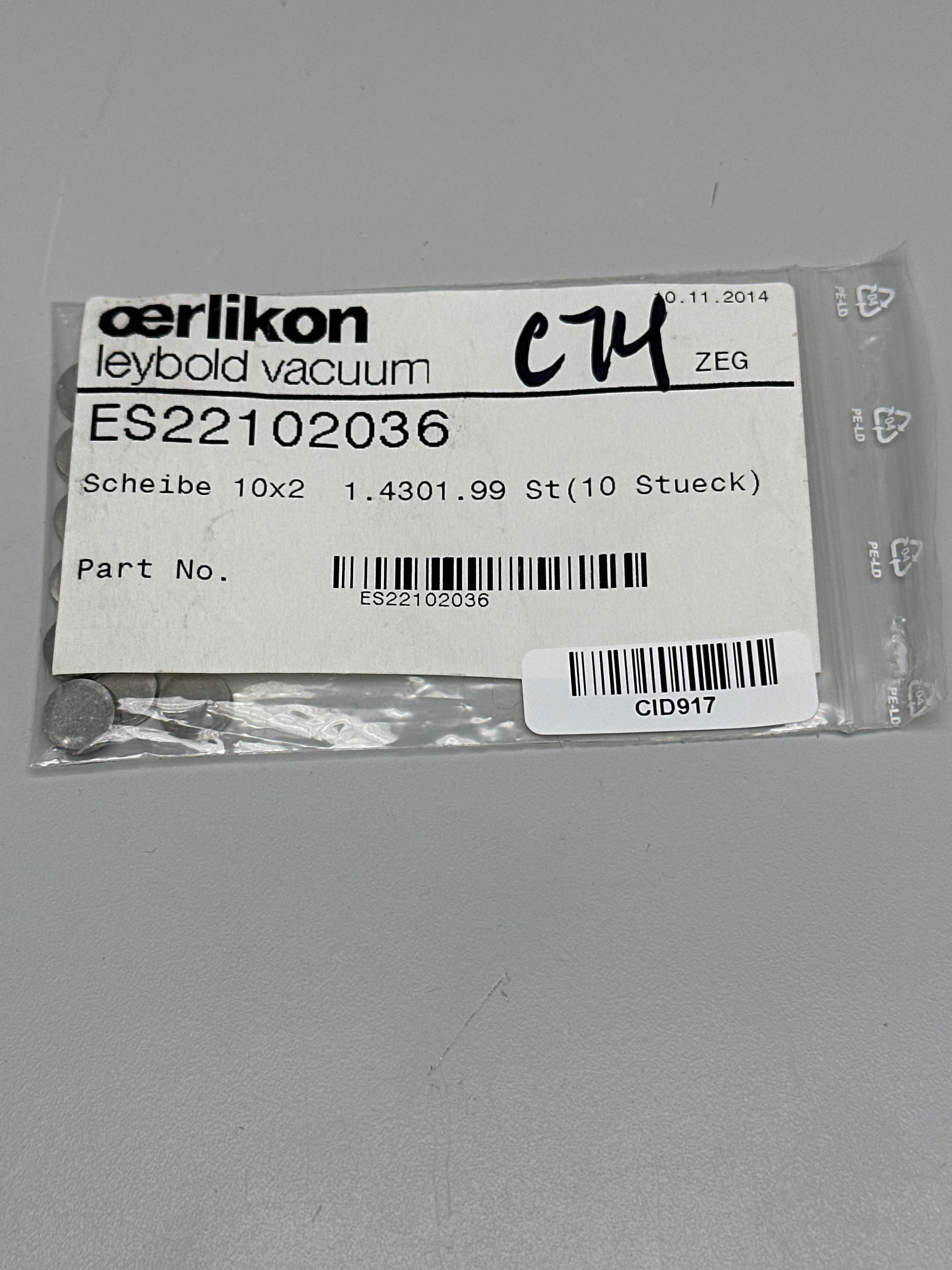 Oerlikon Leybold Vacuum ES22102036 Disc 10x2 1.4301.99 Steel (10 pcs)