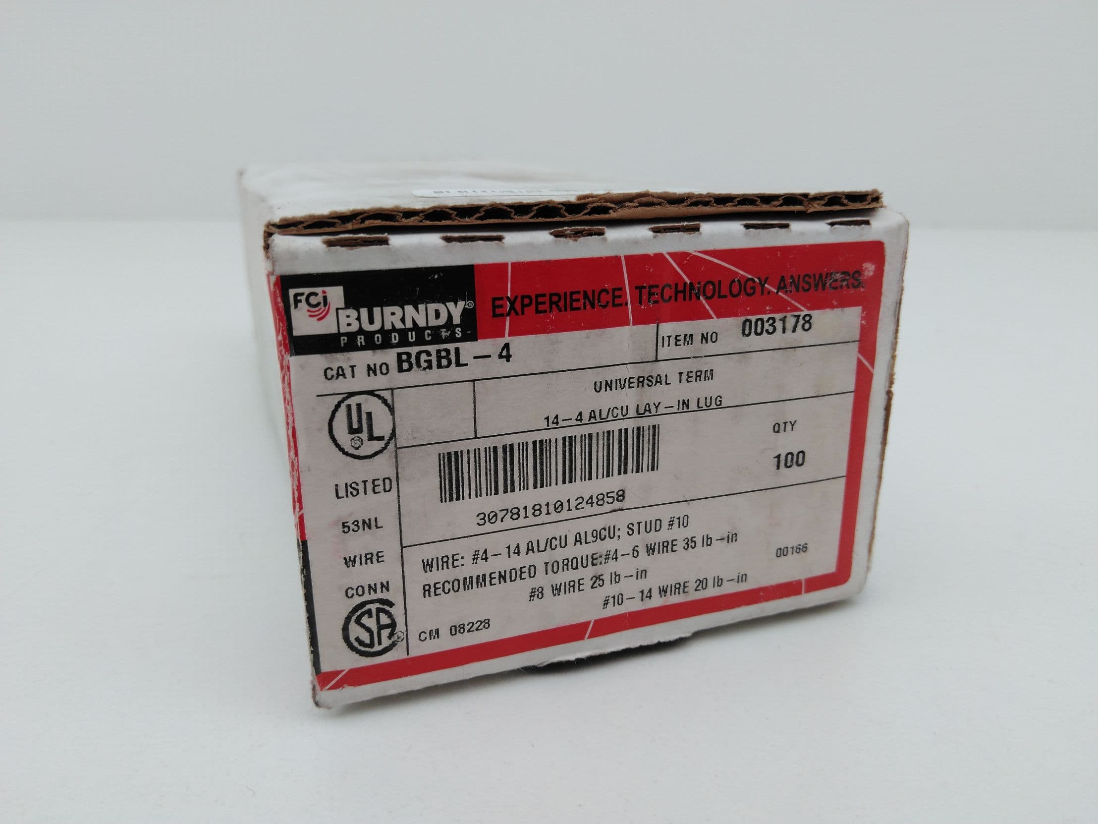 Burndy BGBL4 Aluminum Lay-in-Lug, 4-14AWG, 1/4" Stud 100 PCS