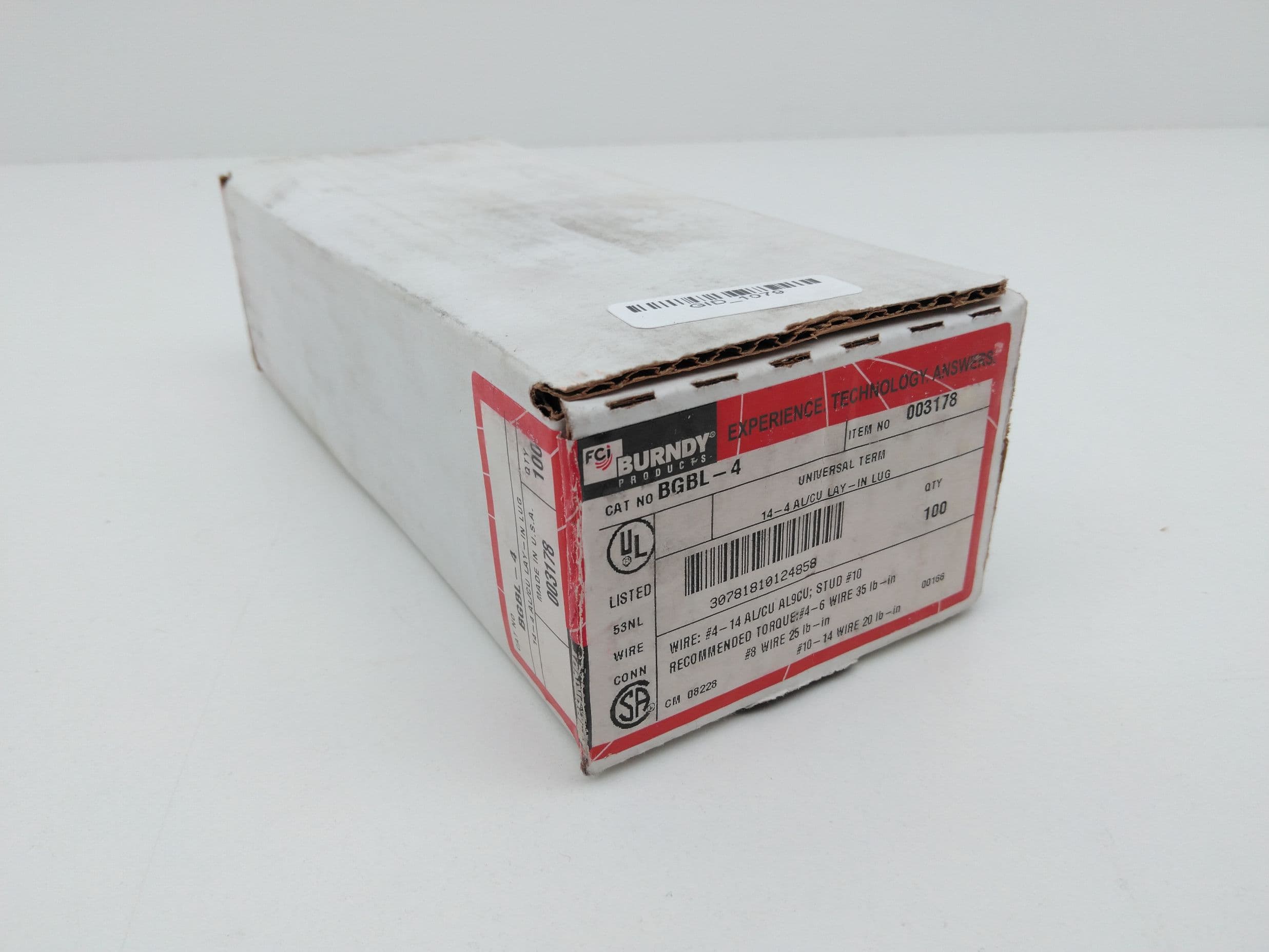 Burndy BGBL4 Aluminum Lay-in-Lug, 4-14AWG, 1/4" Stud 100 PCS