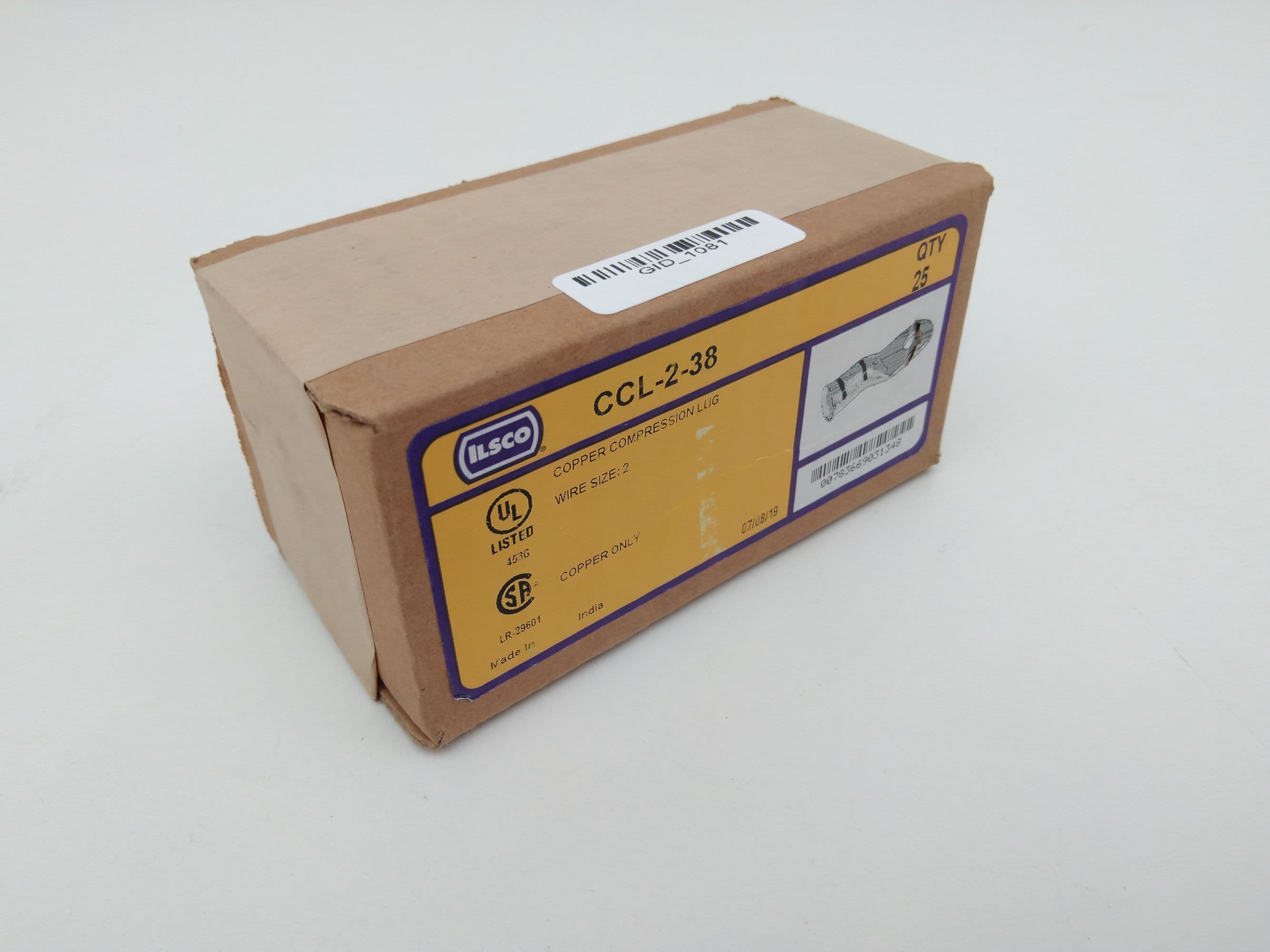 Ilsco CCL-2-38 Compression Terminal, 2AWG, 3/8" Stud, Box 25pcs