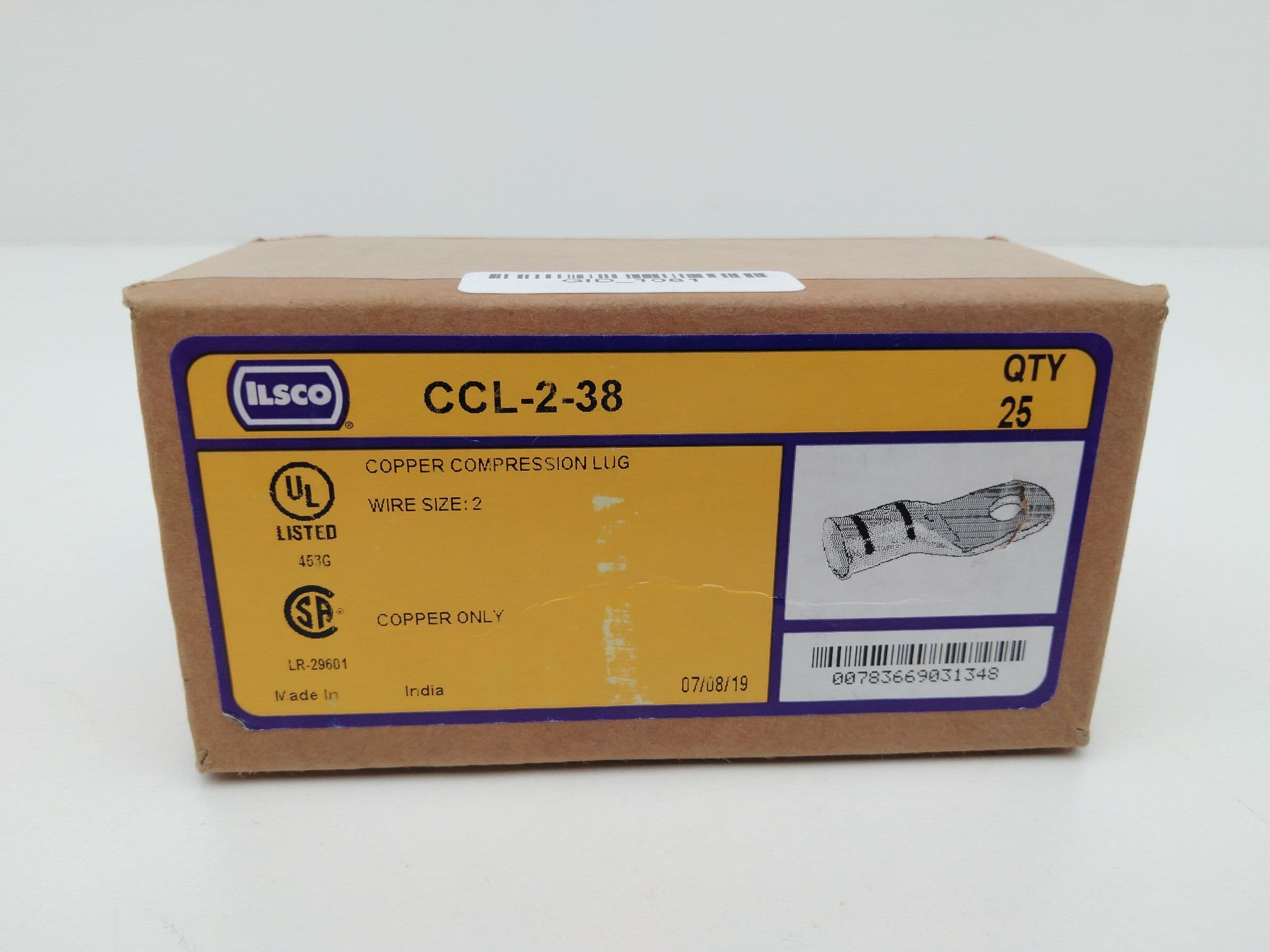 Ilsco CCL-2-38 Compression Terminal, 2AWG, 3/8" Stud, Box 25pcs