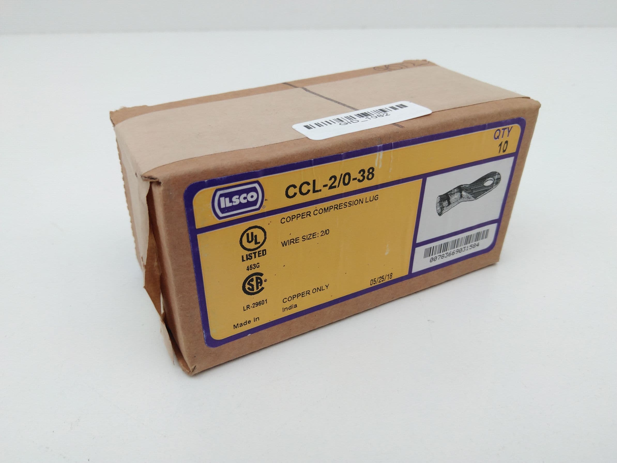 Ilsco CCL-2/0-38 Compression Terminal, 2/0AWG, 3/8" Stud, Box 10pcs