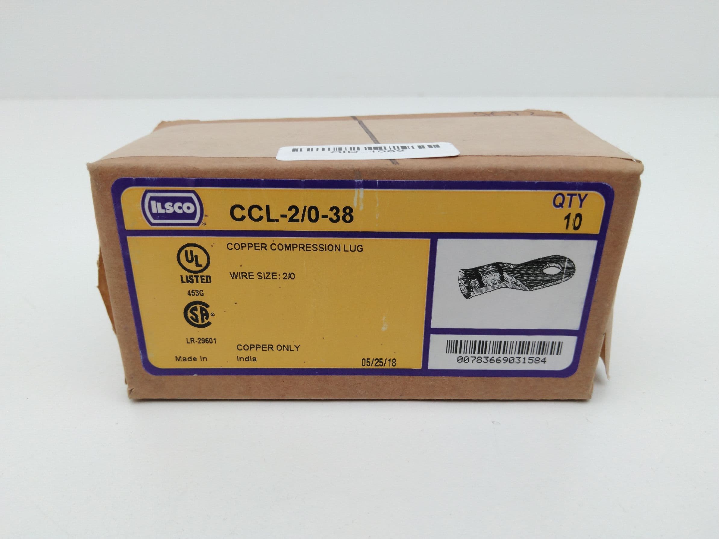 Ilsco CCL-2/0-38 Compression Terminal, 2/0AWG, 3/8" Stud, Box 10pcs