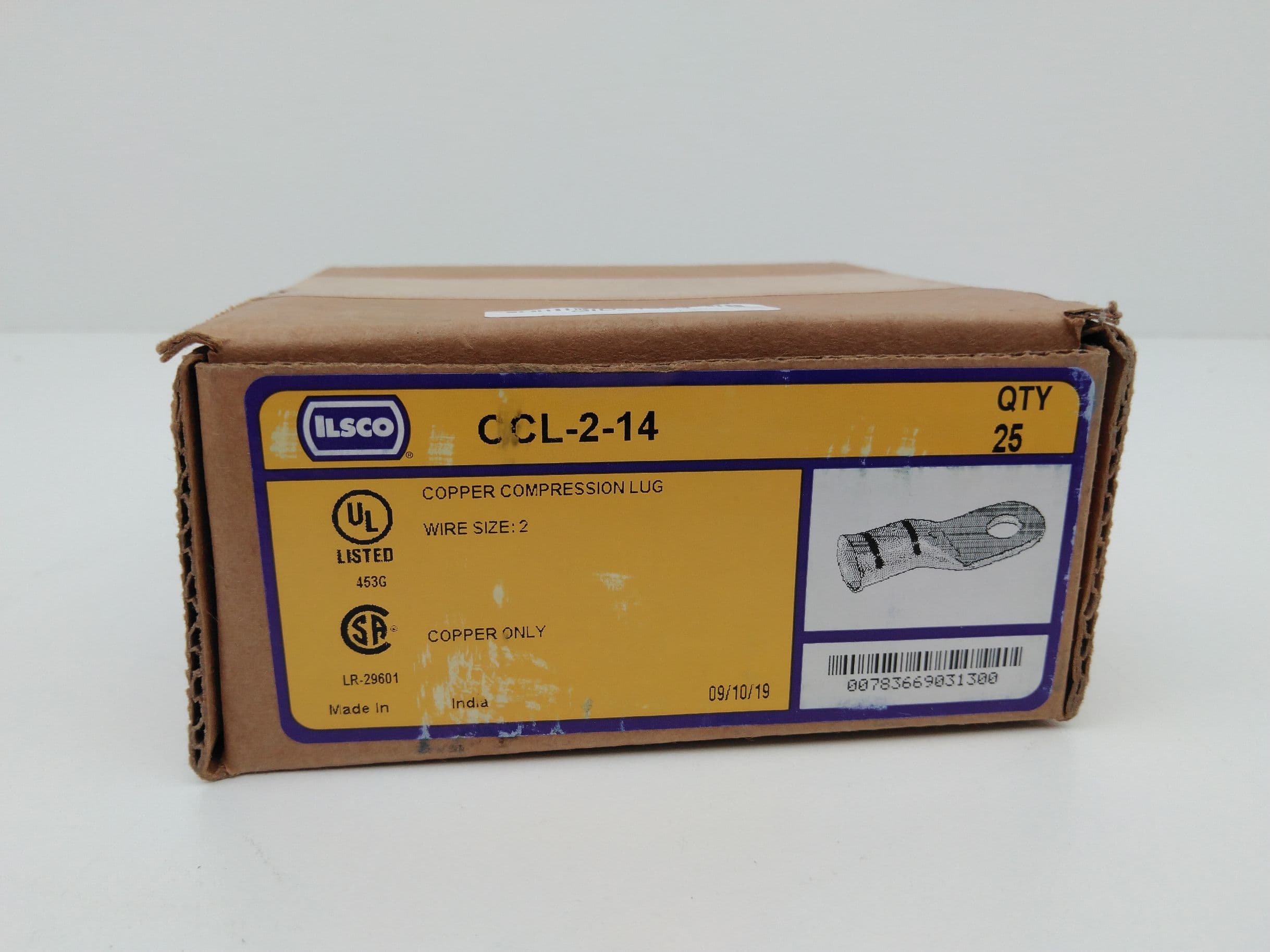 Ilsco CCL-2-14 Compression Terminal, 2AWG, 1/4" Stud, Box 25pcs