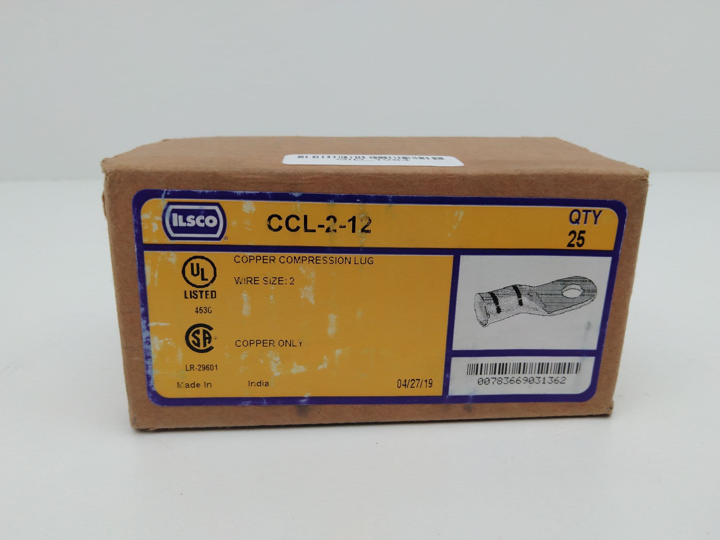 Ilsco CCL-2-12 Compression Terminal, 2AWG, 1/2" Stud, Box 25pcs