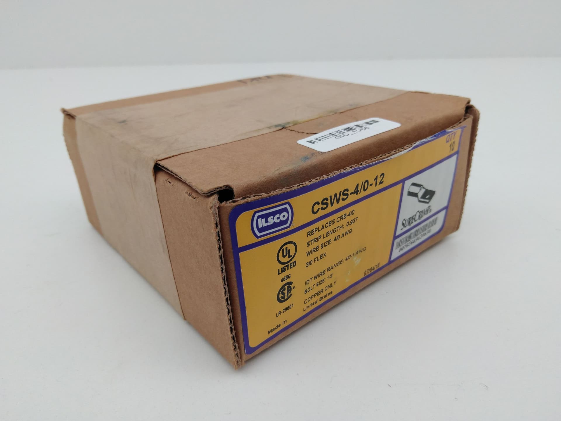 Ilsco CSWS-4/0-12 Compression Lug, 4/0 AWG, 1/2" bolt, Box of 10