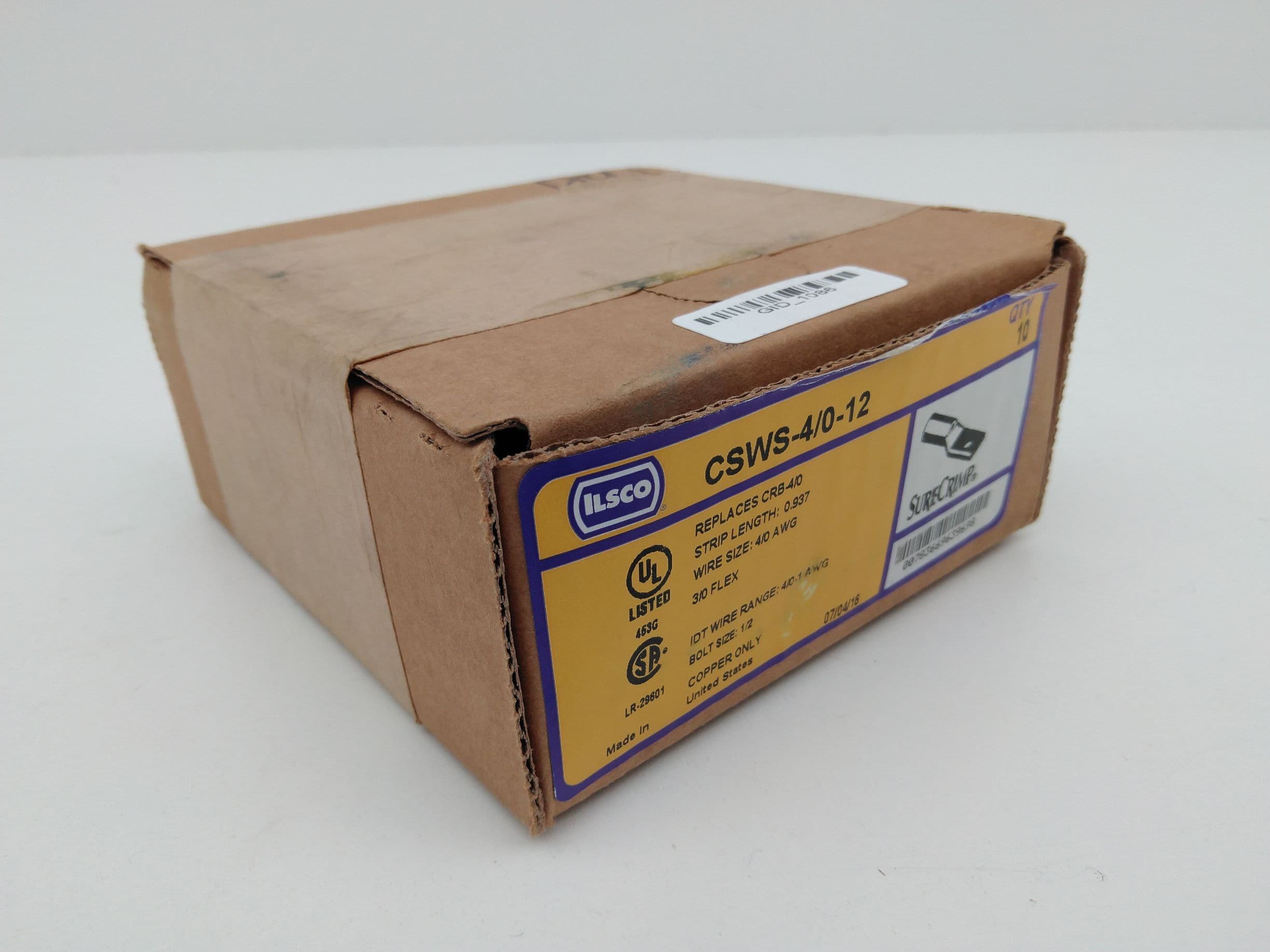 Ilsco CSWS-4/0-12 Compression Lug, 4/0 AWG, 1/2" bolt, Box of 10