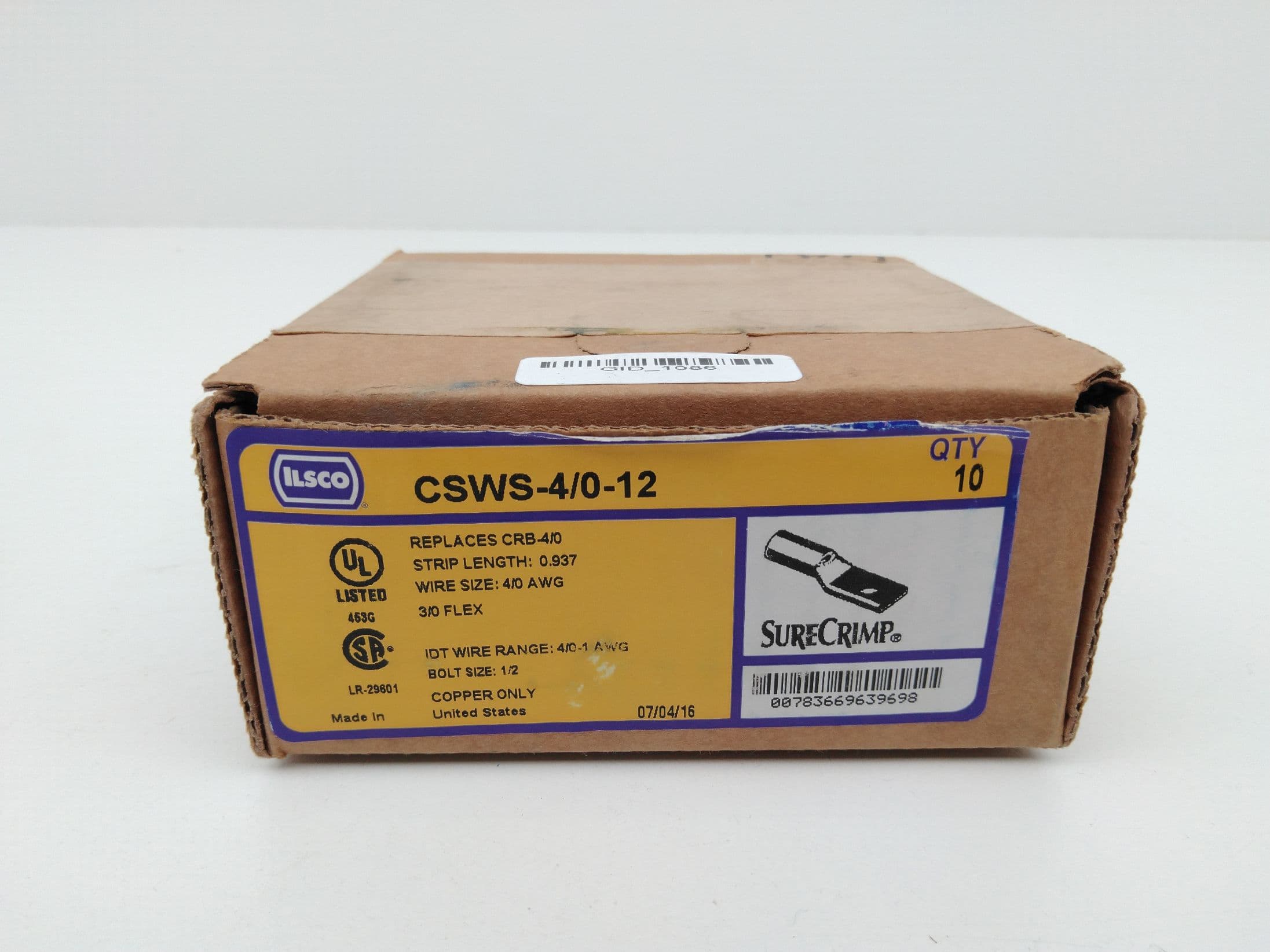 Ilsco CSWS-4/0-12 Compression Lug, 4/0 AWG, 1/2" bolt, Box of 10