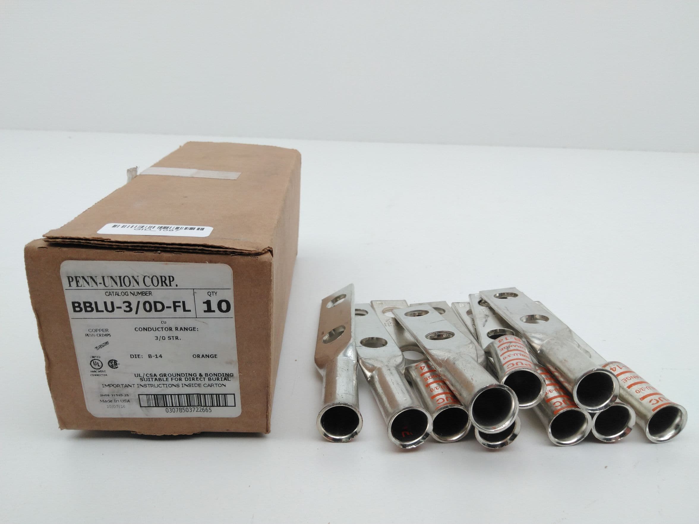 Penn-Union BBLU-3/0D-FL Compression Lug, 3/0 AWG, Long Tongue 2 1/2" Holes