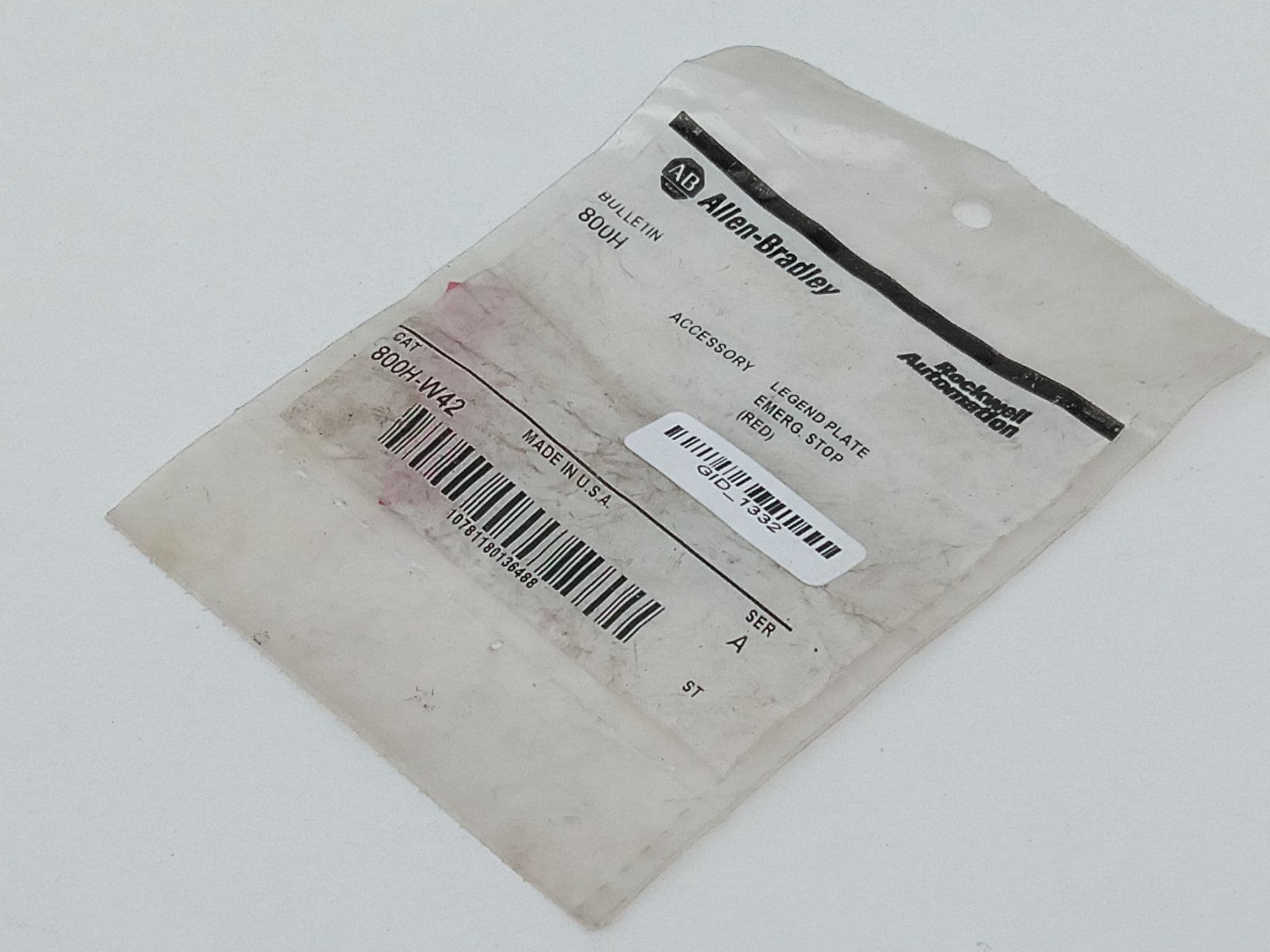 Allen-Bradley 800H-W42 Ser A Red Emergency Stop Legend Plate