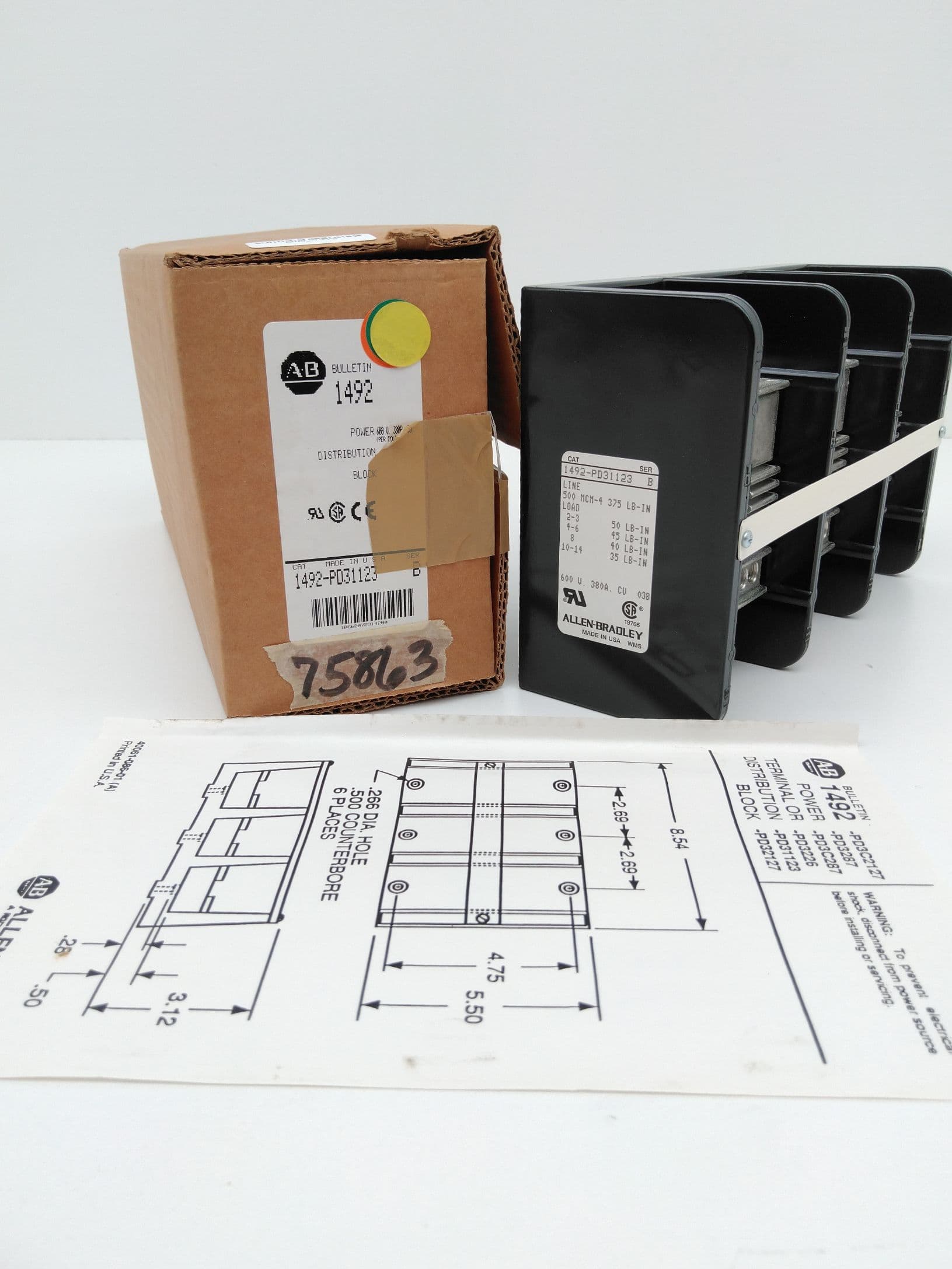 Allen-Bradley 1492-PD31123 Ser B Power Distribution Block 600V 380A