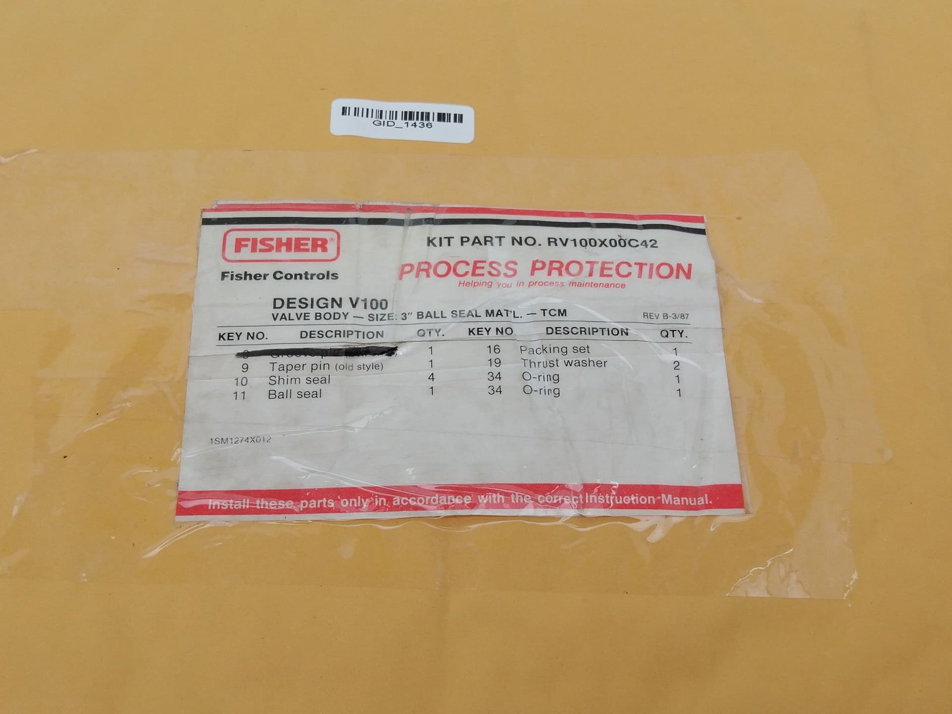 Fisher RV100x00C42 Repair Kit, V100 Valve body Size 3"