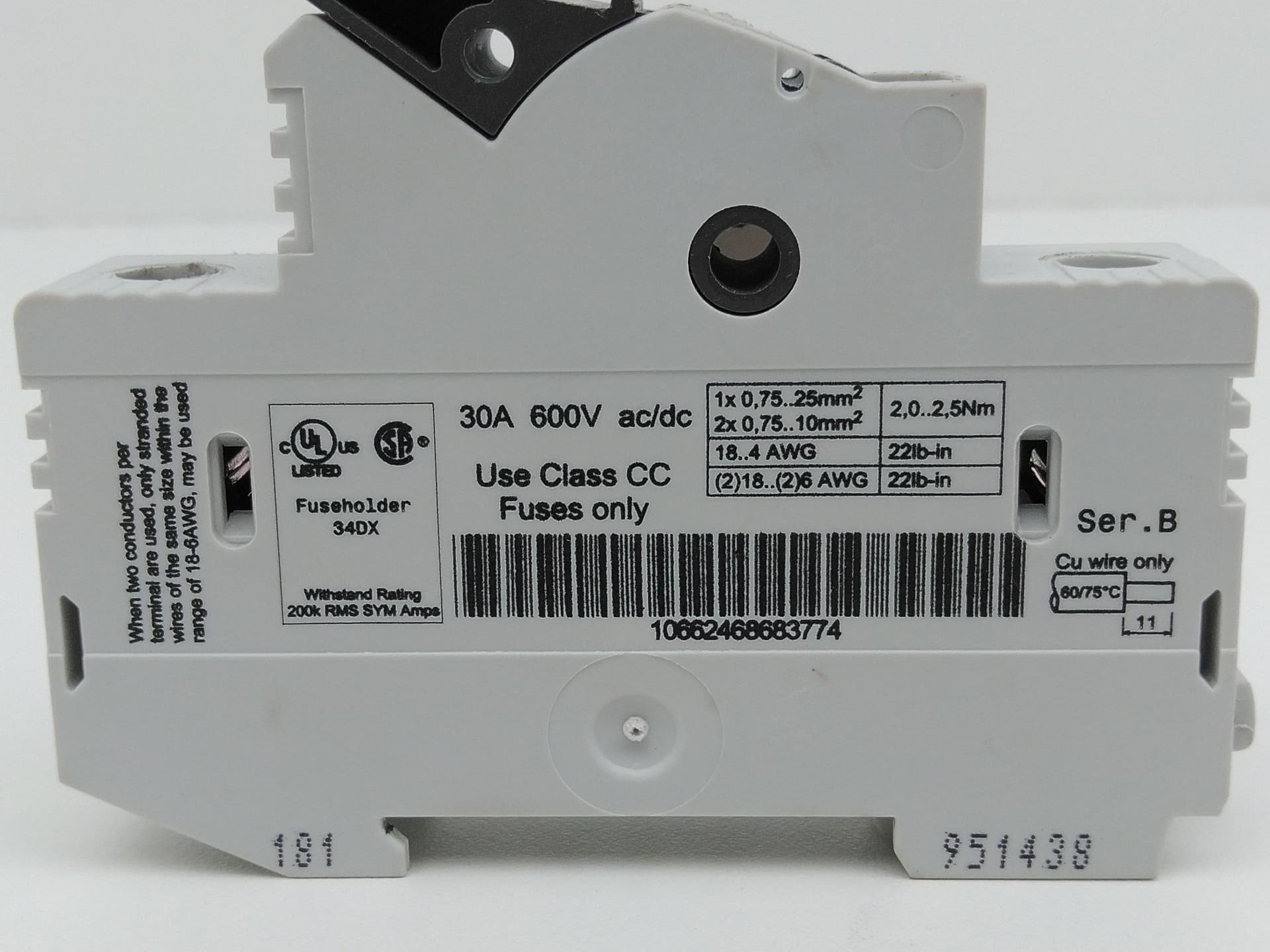 Allen-Bradley 1492-FB1C30-L Class CC Fuse Holder 30A, 600V w/ CCMR 10A Fuse