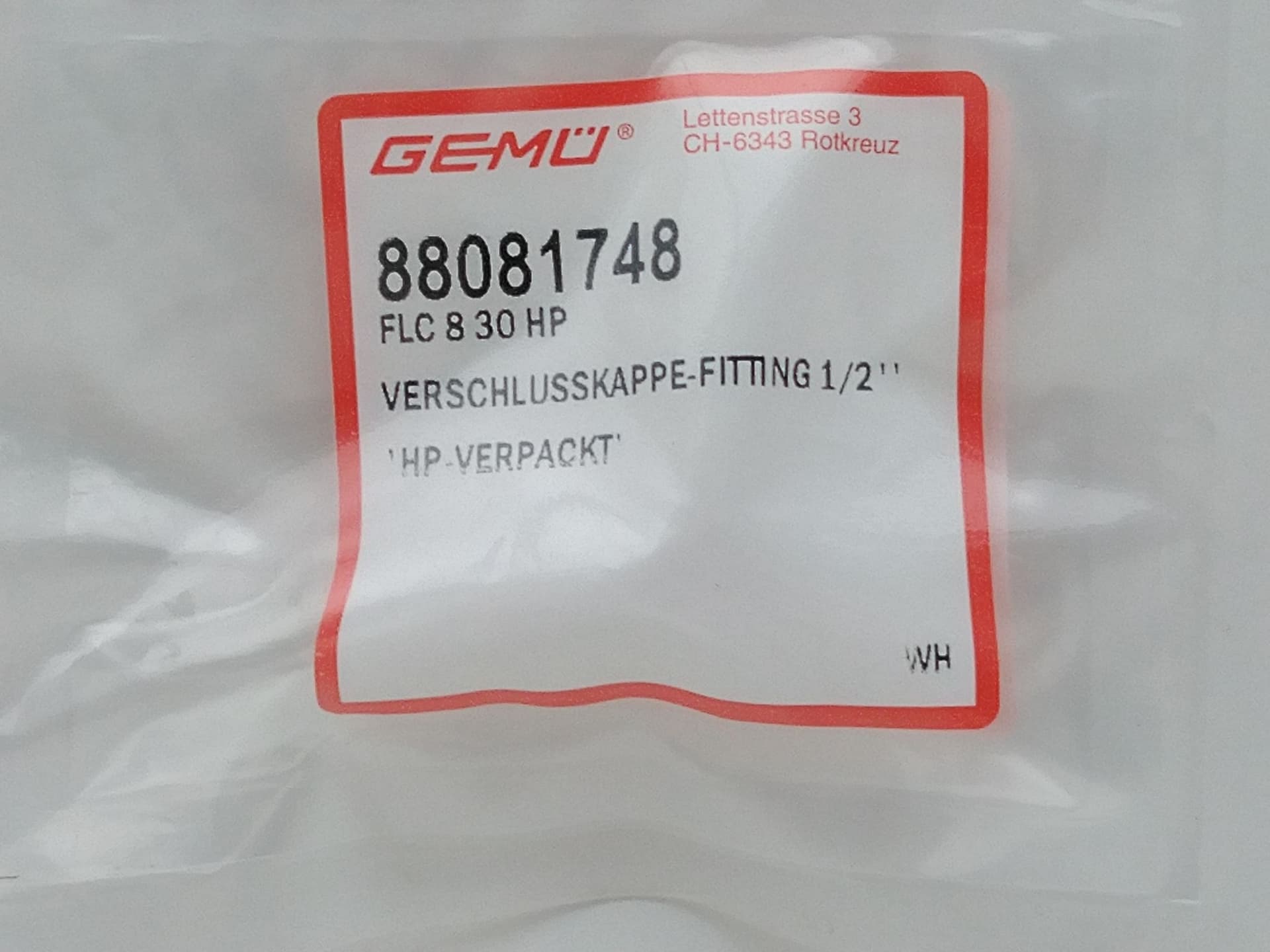 GEMU FLC 8 30 HP 1/2” PFA Cap Fitting