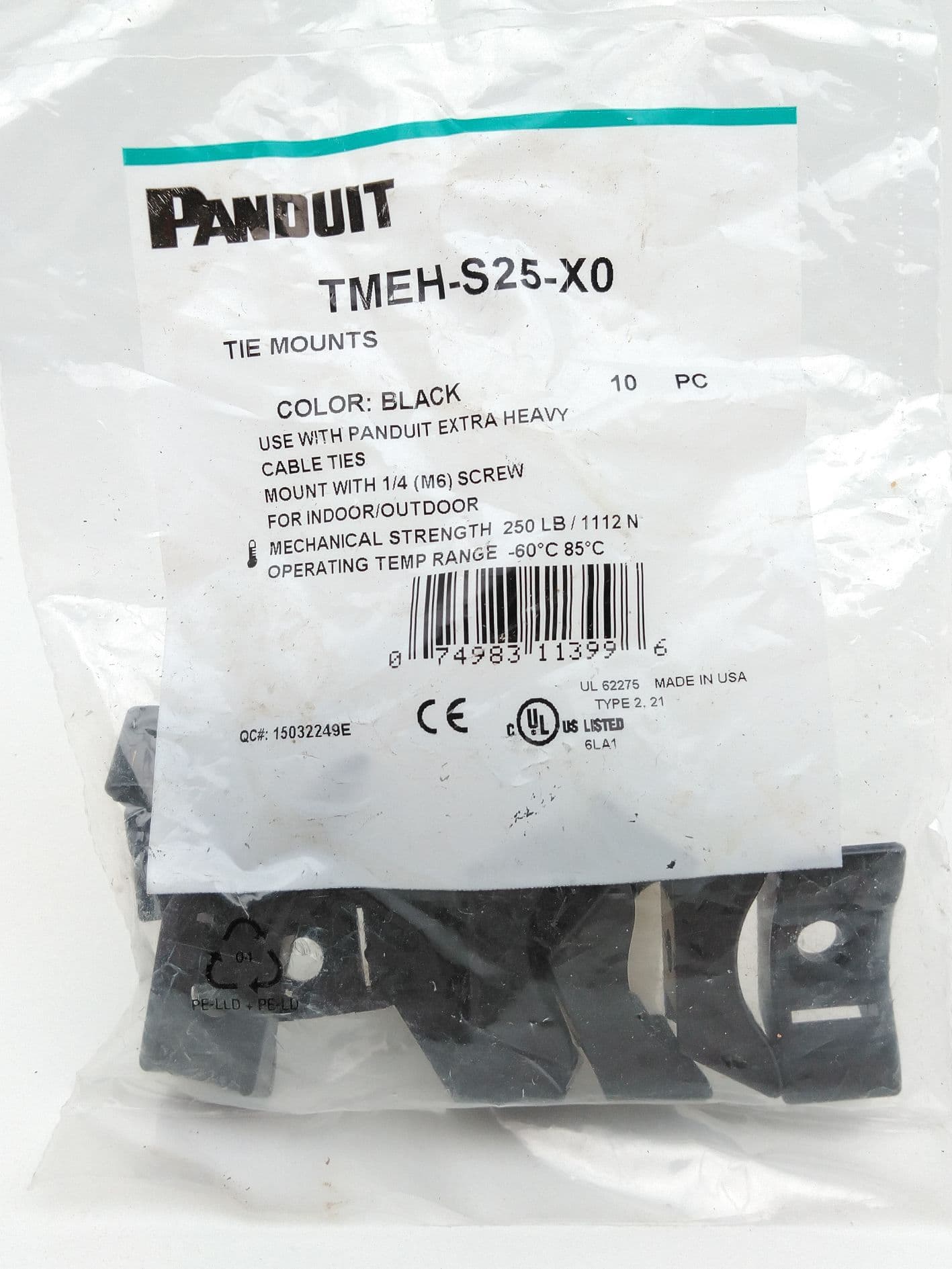 Panduit THEH-S25-X0 Black Tie Mounts, 1/4 (6m) Screw