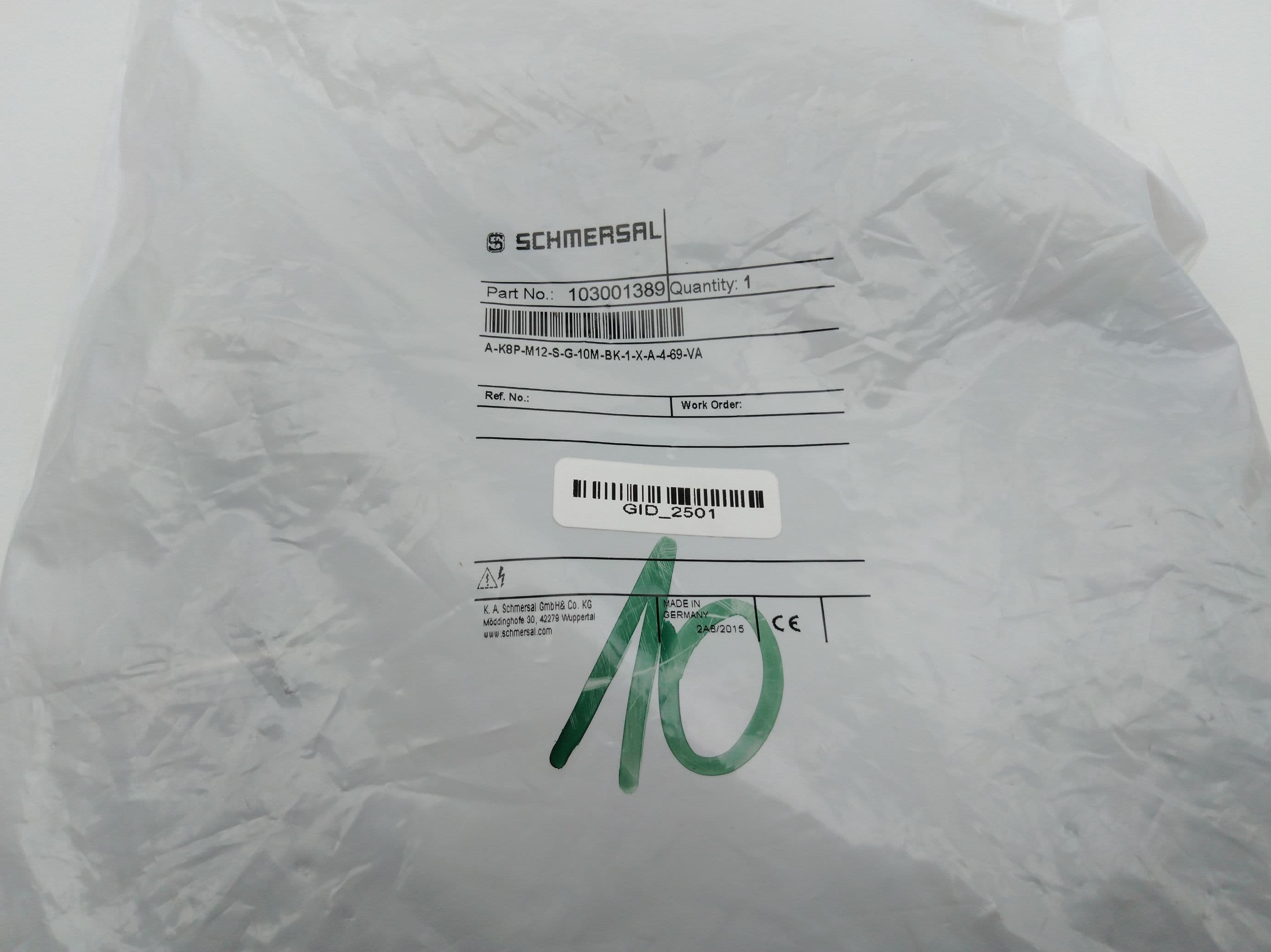 Schmersal A-K8P-M12-S-G10M-BK-1-X-A-4-69 / 103001389 8-Pole Connector Cable,10m