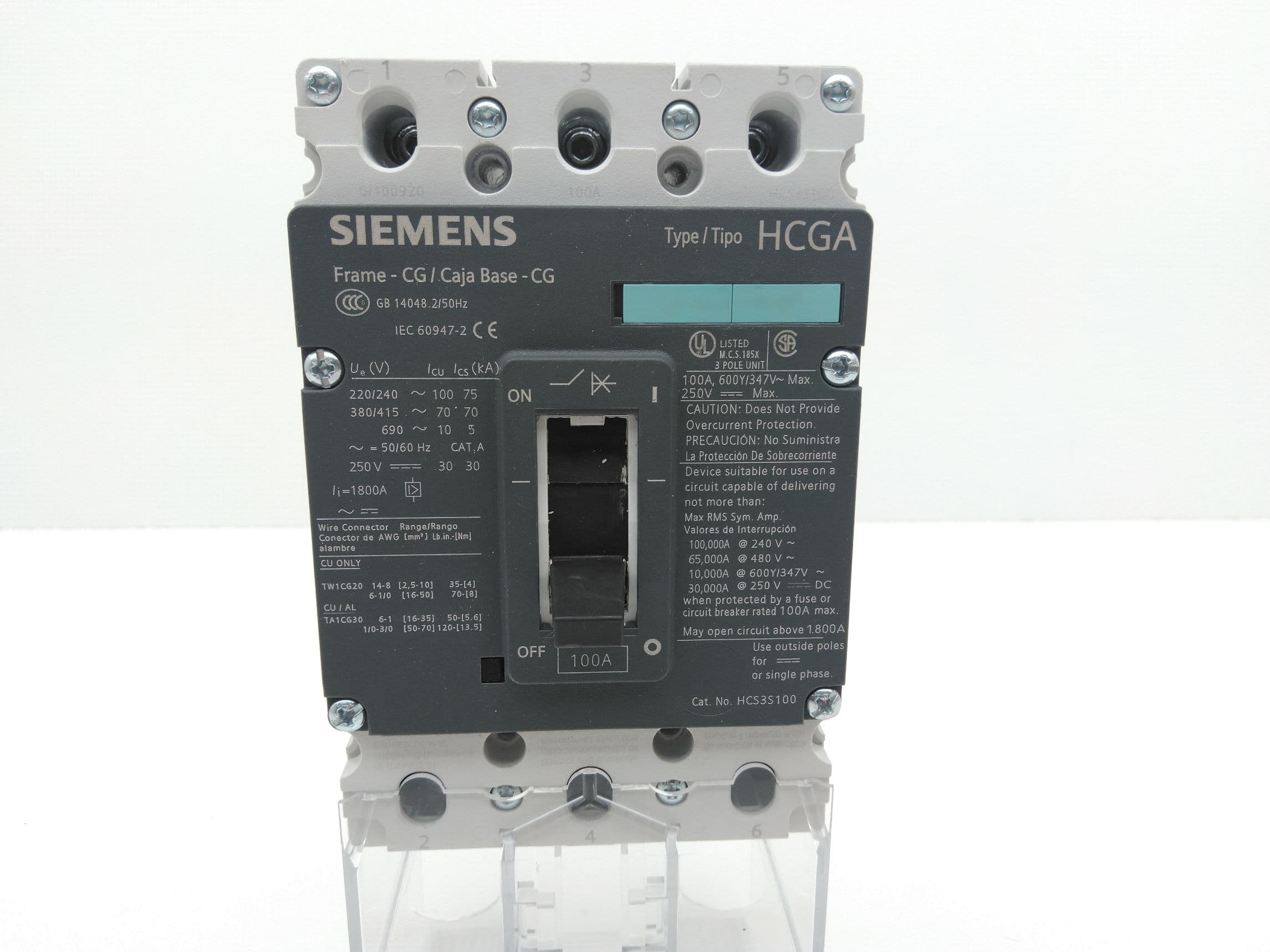 Siemens HCS3S100 / 3VL11102KE300AA0 Circuit Breaker, Type HCGA, 100A, 3P, 480V
