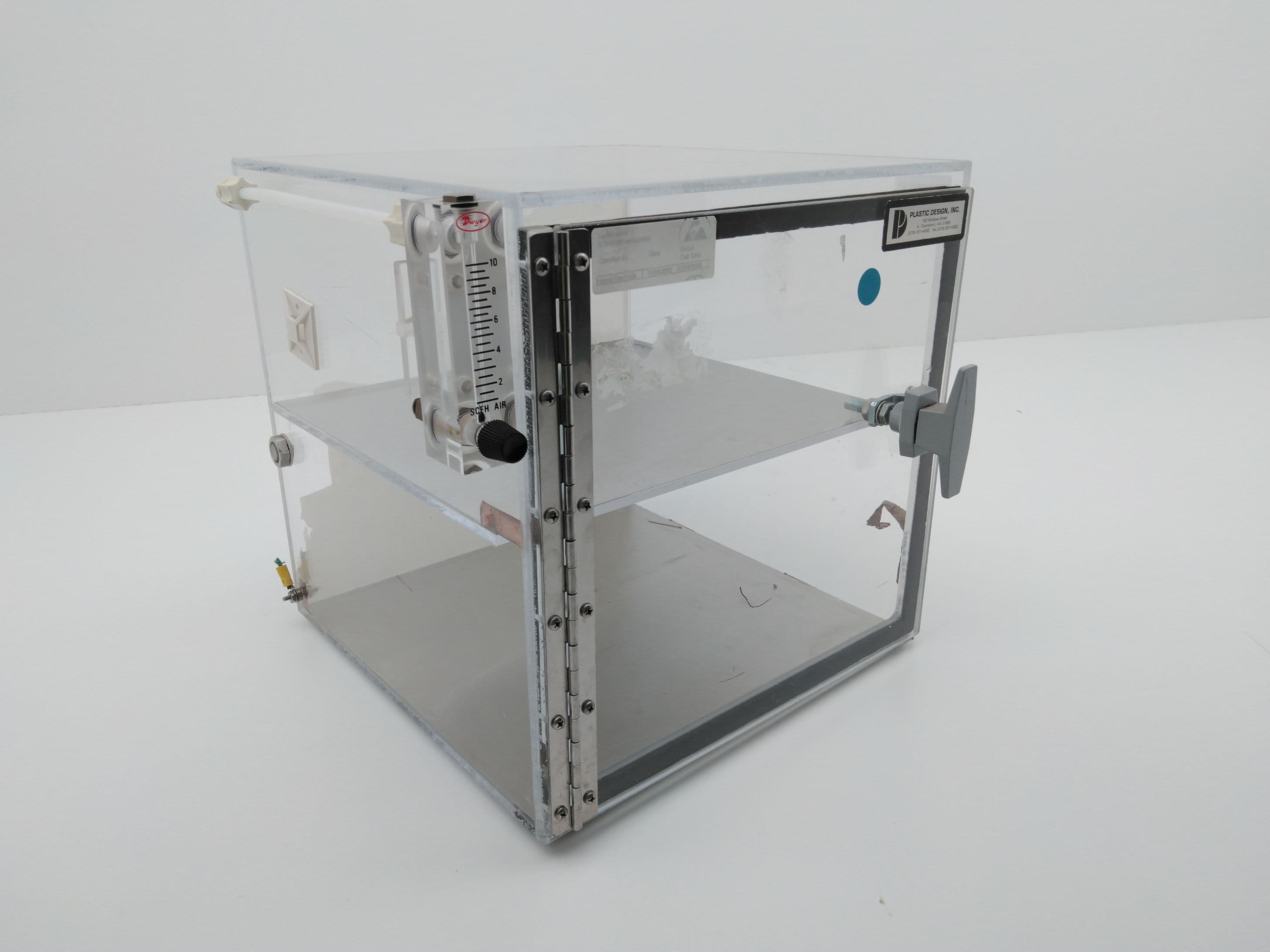 Plastic Design, inc. 12”x12”x12 Desiccator Box w/ Dwyer Flow Meter