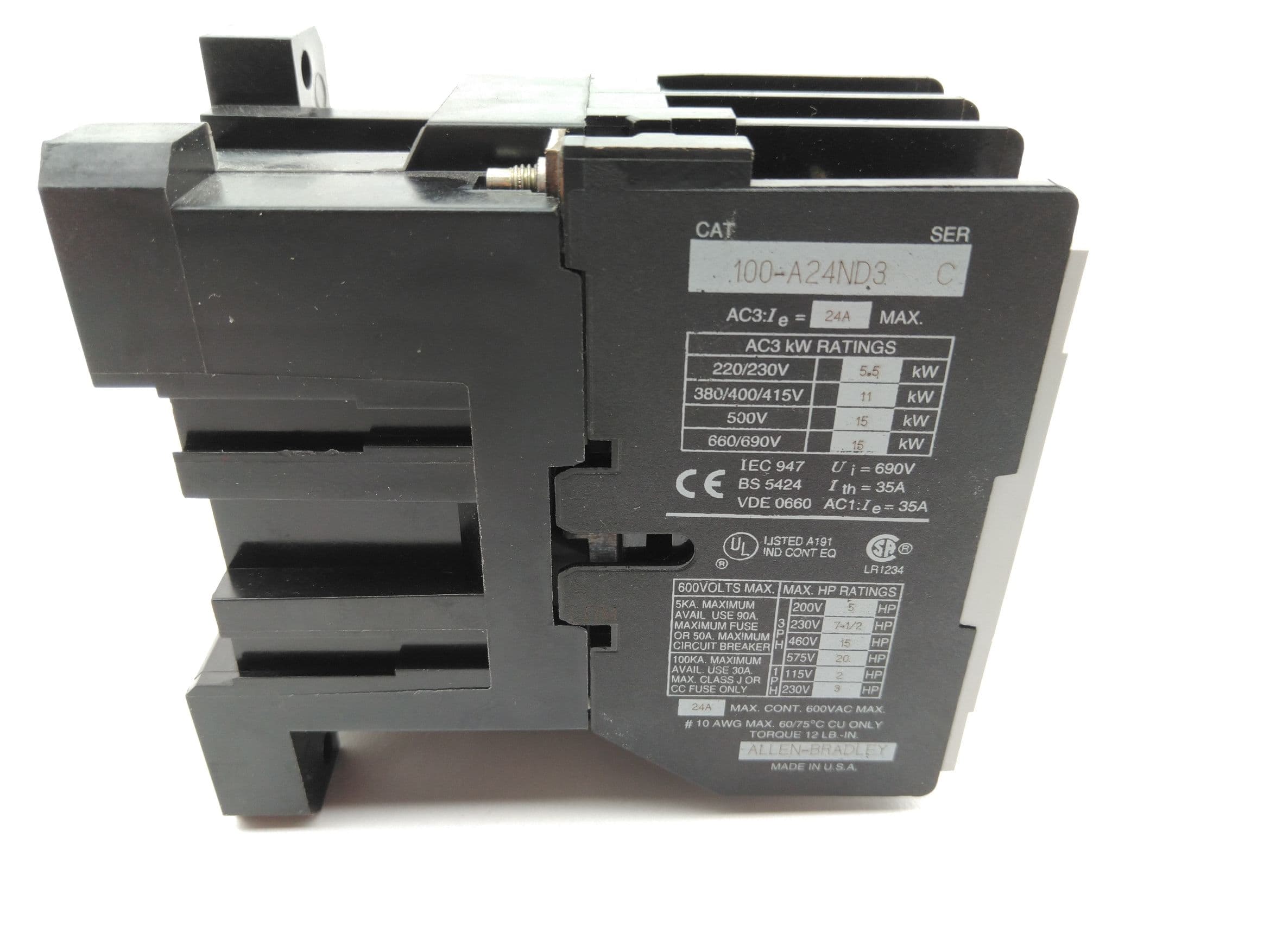 Allen-Bradley 100-A24ND3 Ser C Contactor 600V, 24A, 3P, 110/120Vac Coil
