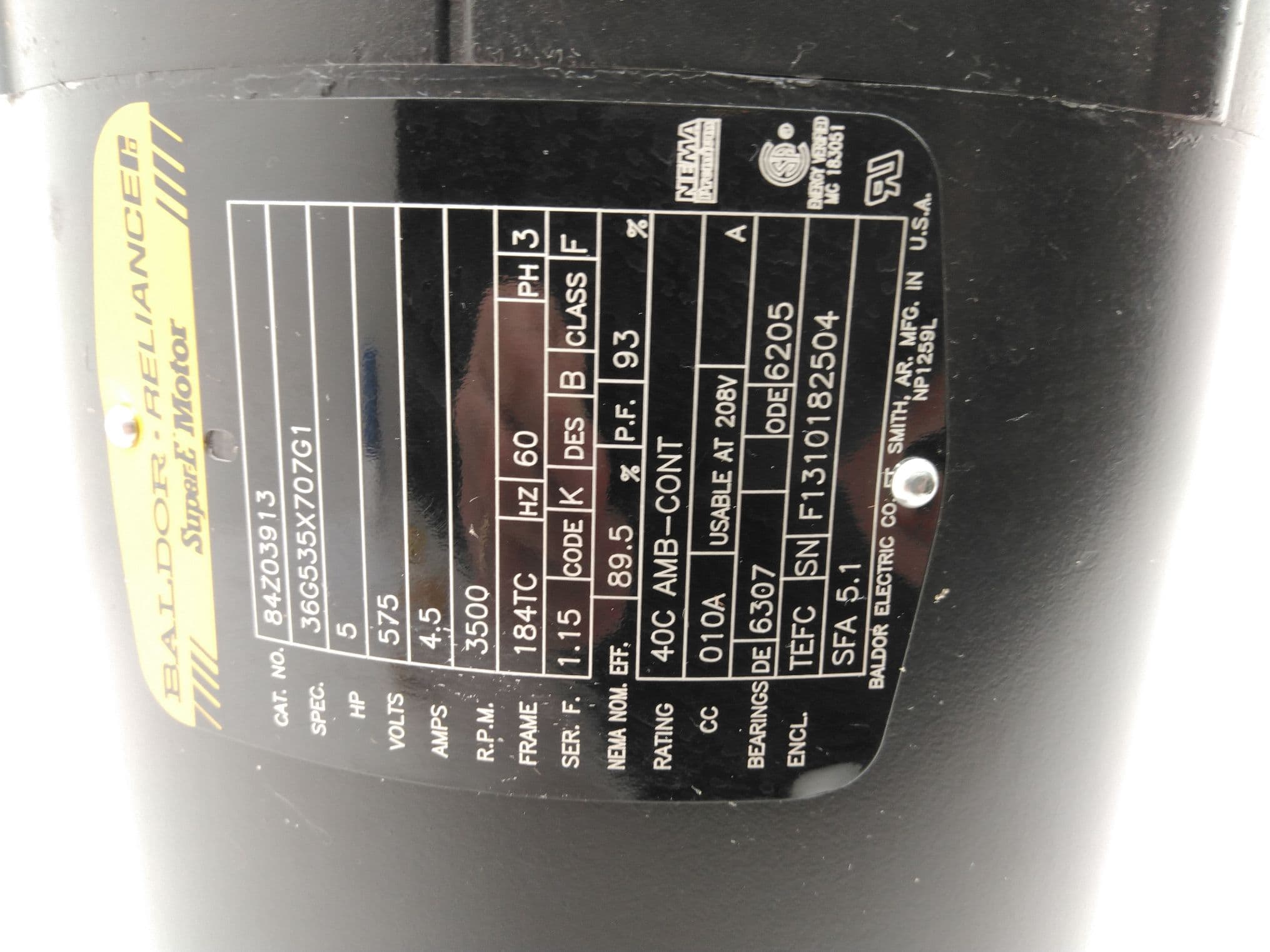 Baldor 36G535X707G1 C-Face Motor, 5HP, 575VAC, 60HZ, 3500RPM, 184TC