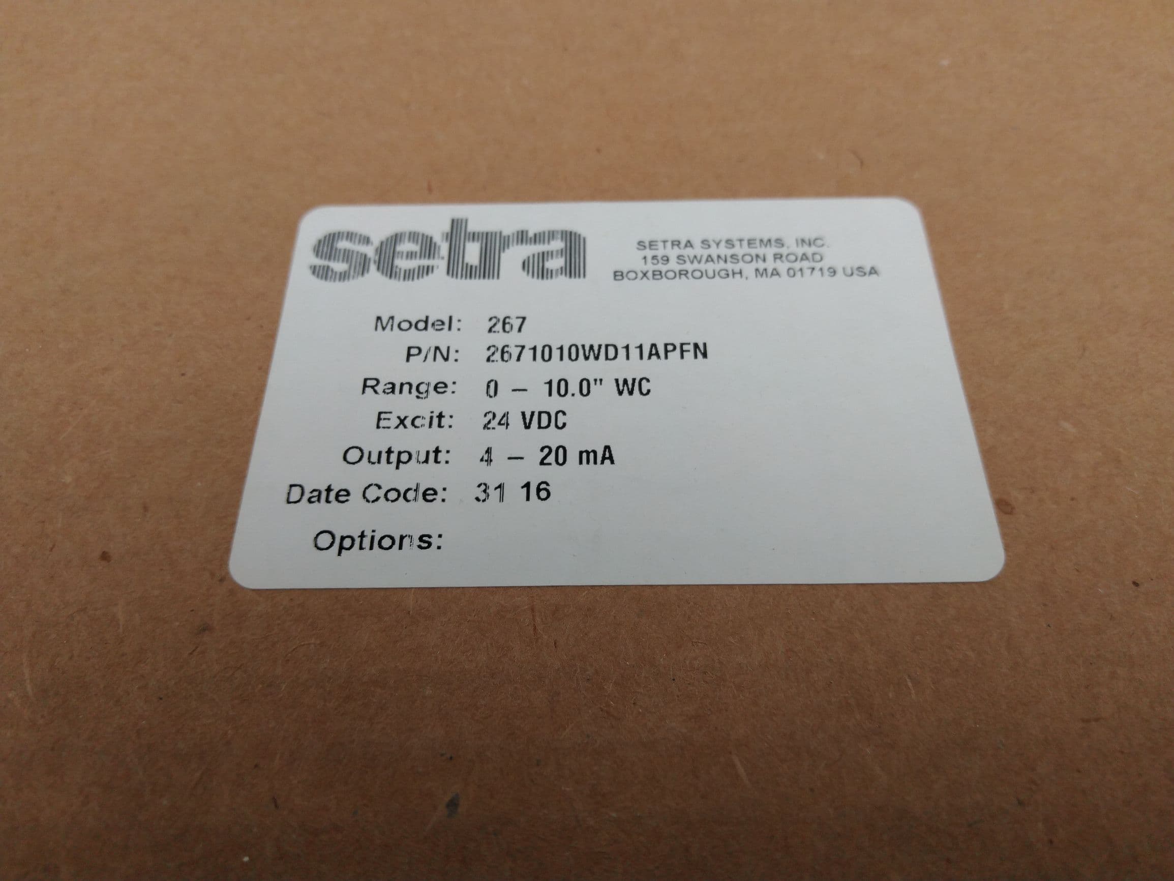 Setra 2671010WD11APFN Differential Pressure Transducer 0-10.0" W.C., 4-20 mA