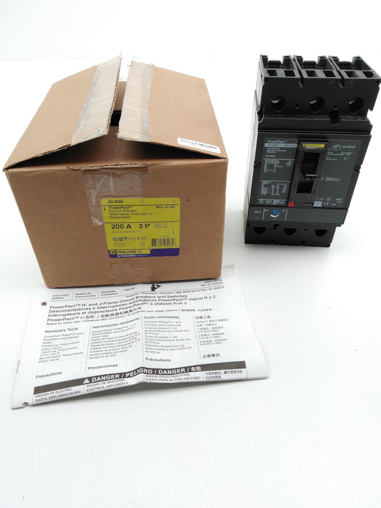 Square D Schneider Electric JDL36200 PowerPact Circuit Breaker, 200A, 3P 600VAC