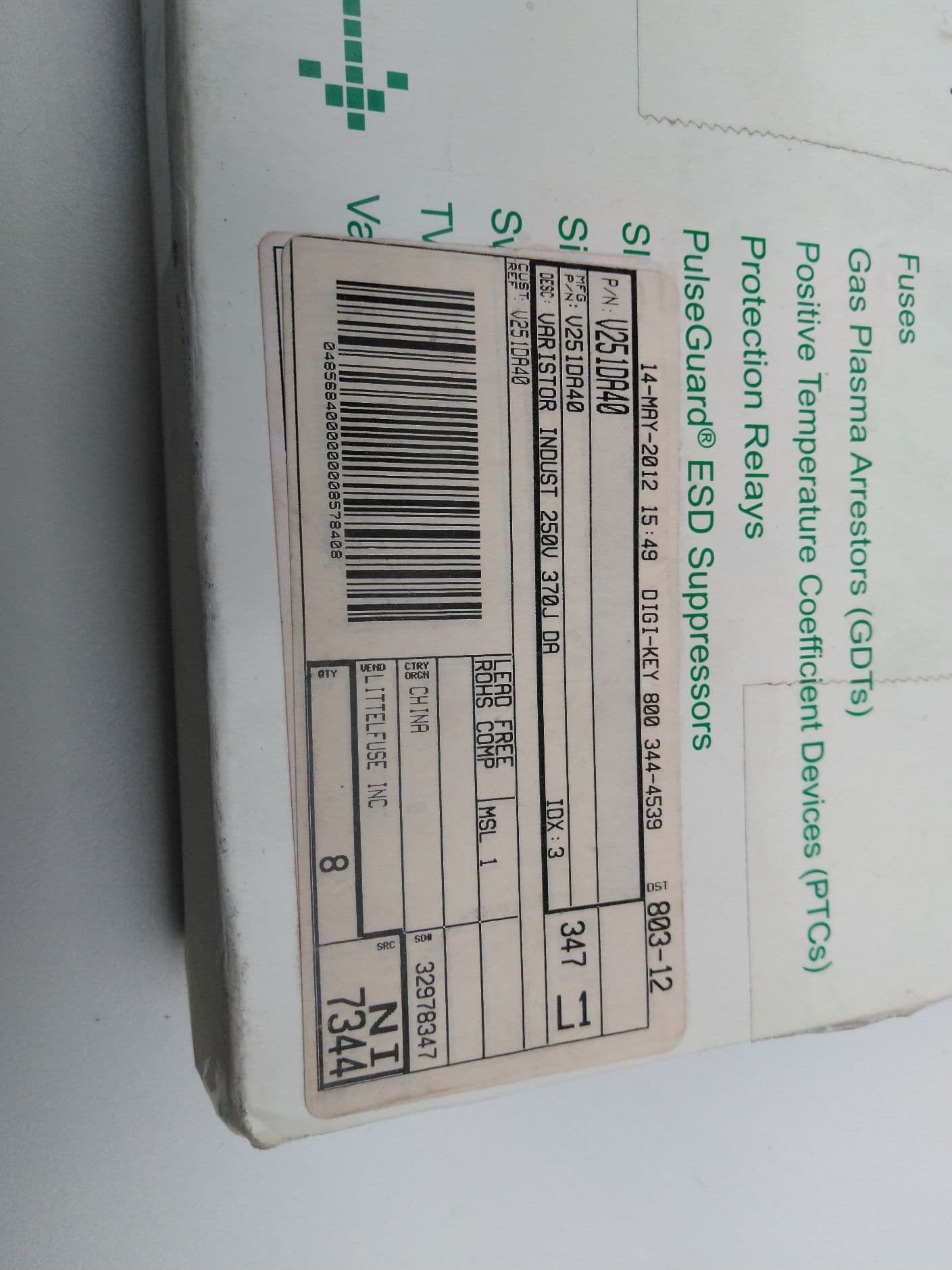 Littelfuse V251DA40 Varistor DA Series 5000pF, 250Vac, 330Vdc, 40000A