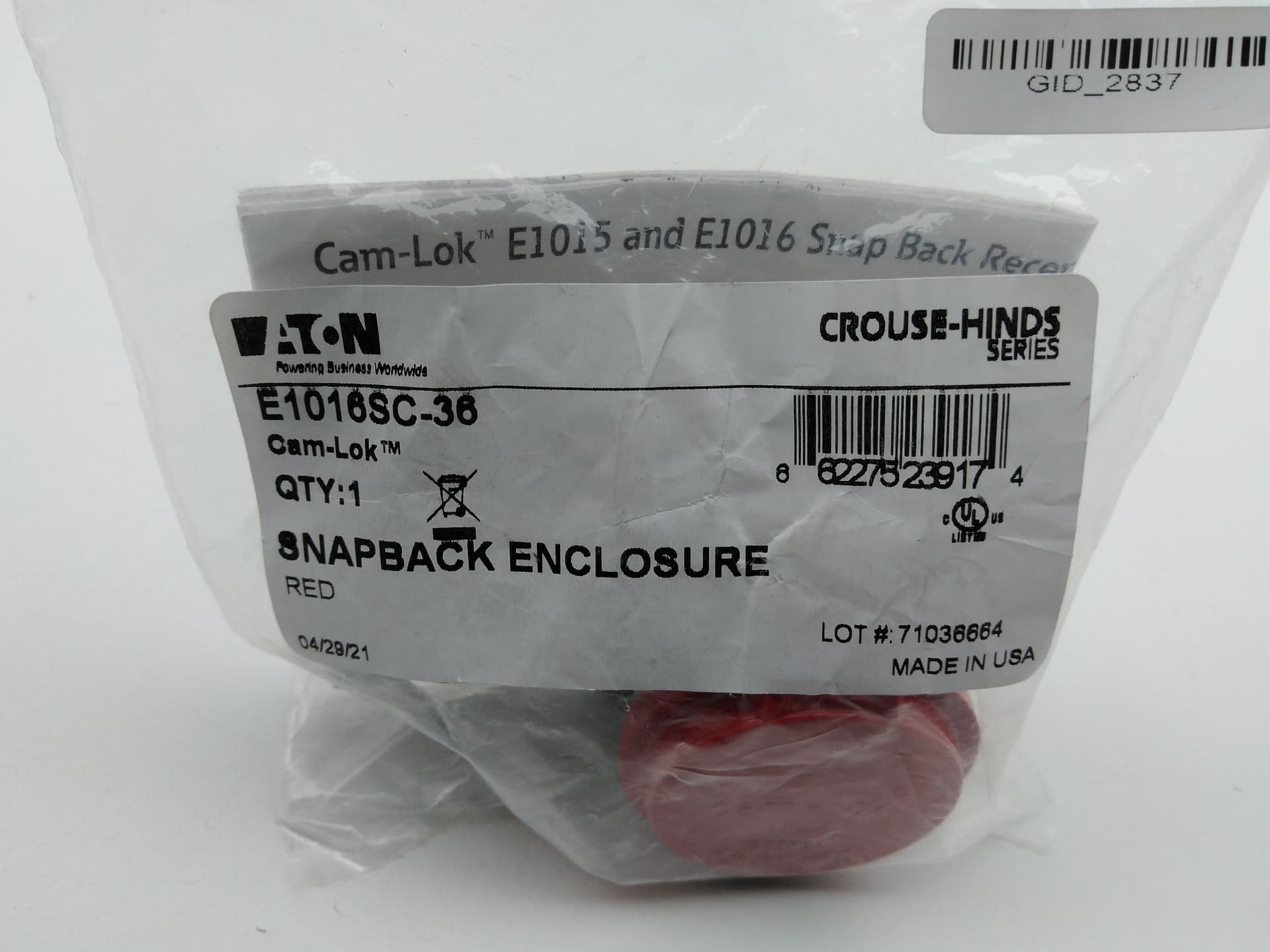 Eaton E1016SC-36 Cam-Lok Crouse-Hinds SnapBack Receptacle Enclosure, Red