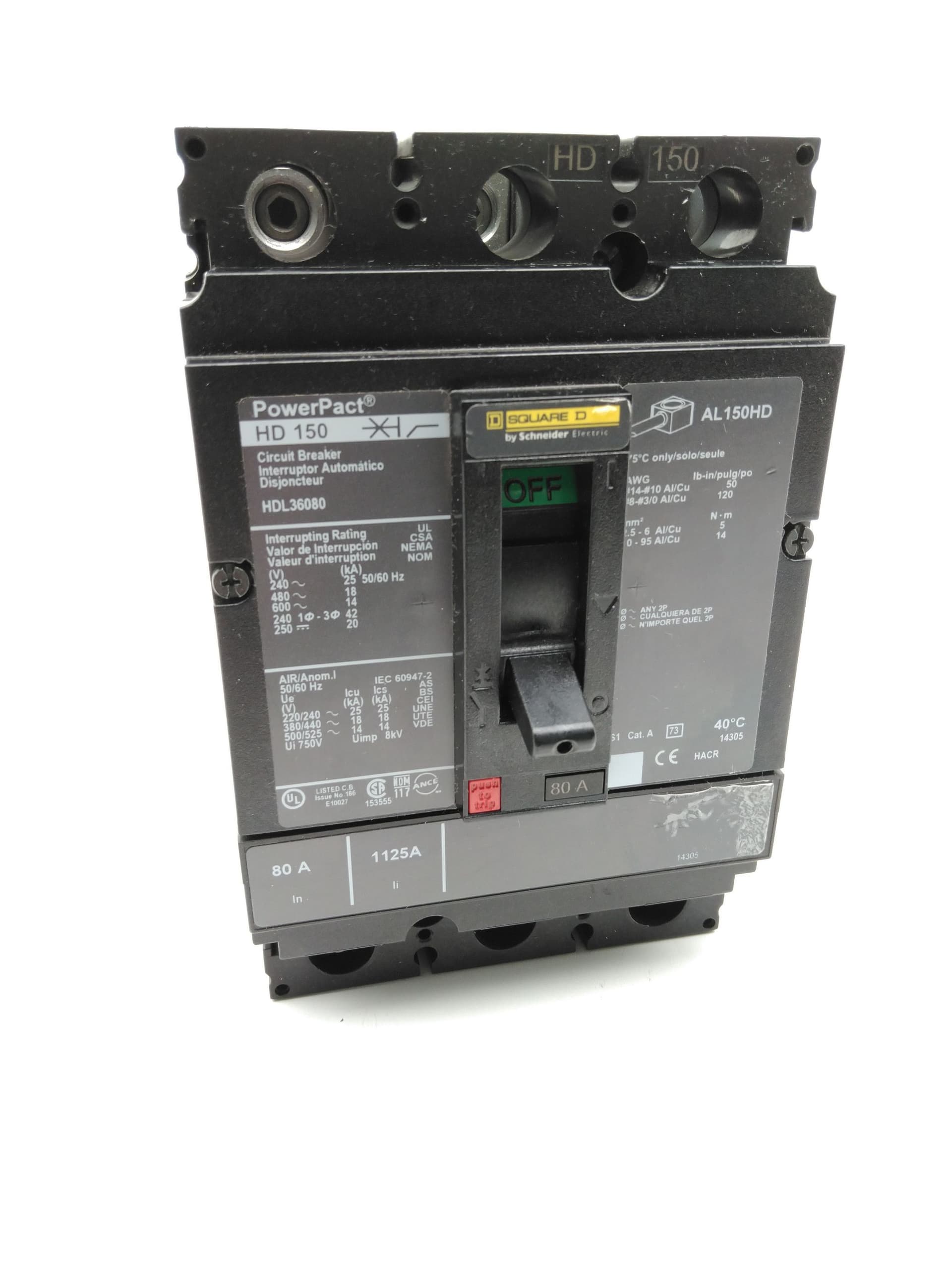 Schneider Electric Square D HDL36080 PowerPacT Circuit Breaker 80A, 3P, 600VAC